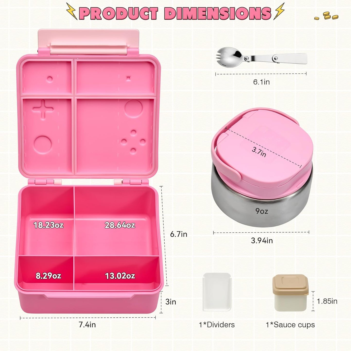 Game Bento Box for Kids, Lunch Box with Thermo(9oz Food Jar), Folding Spoon, Removable Divider & Sauce Cup, Lunch Box Kids for School,Travel, BPA-Free & Realistic Shape (Pink)