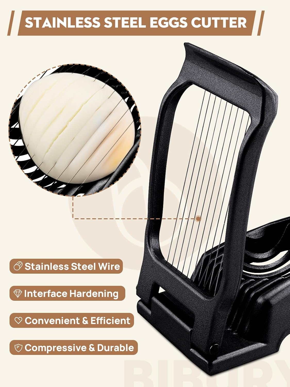 BIBURY Egg Slicer, Egg Cutter for Hard Boiled Eggs, Heavy Duty Aluminium Slicer for Egg Mushroom Strawberry Soft Fruit, Stainless Steel Wires, Dishwasher Safe & Easy to Clean (Black)