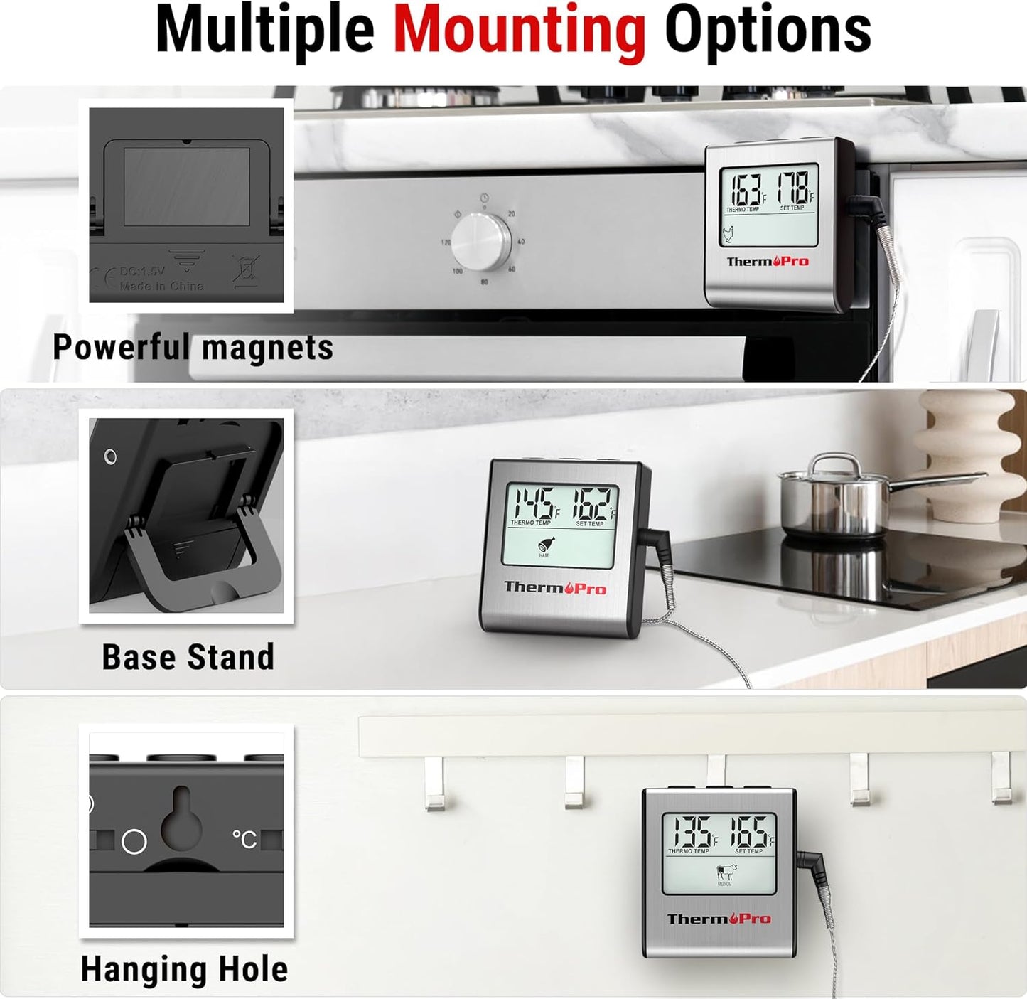 ThermoPro TP16 Large LCD Digital Cooking Food Meat Thermometer for Smoker Oven Kitchen BBQ Grill Thermometer Clock Timer with Stainless Steel Temperature Probe