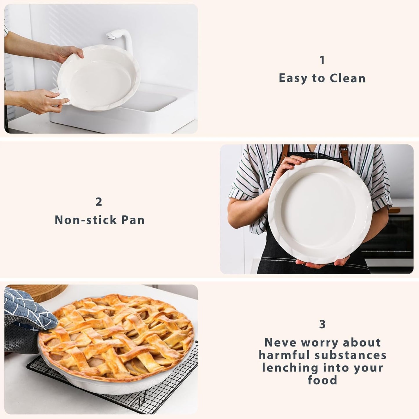 Lareina Ceramic Pie Pans for Baking, 9 Inch Deep dish pie plates with Ruffled Edge for Apple Pie, Durable Pie Dish, Non-Stick, Oven & Dishwasher Safe, Set of 2, White