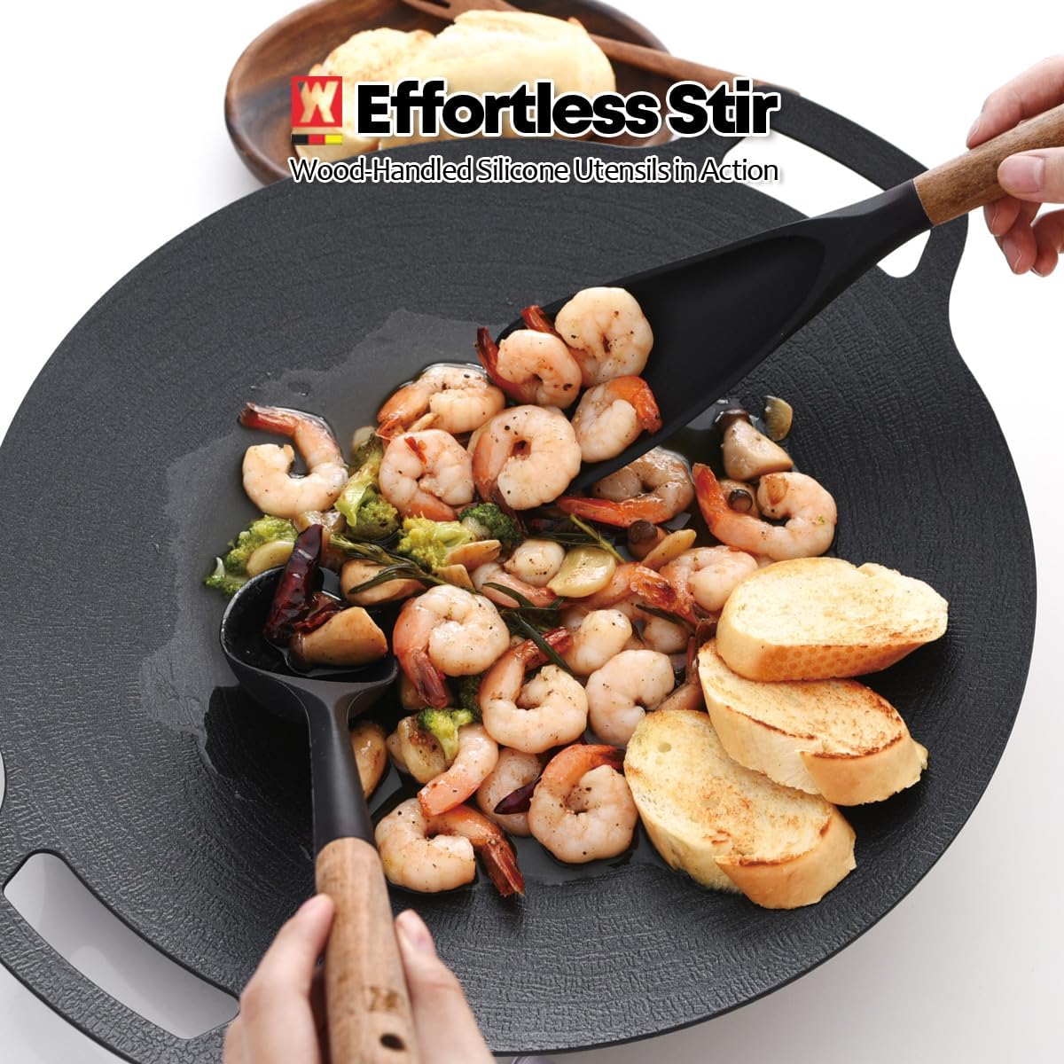 Set of 2pc Silicone Cooking Utensils: Wooden Handle Ladle + Long Head Serving & Cooking Spoon, Heat Resistant, BPA Free, Scratch-Resistant Surface Design