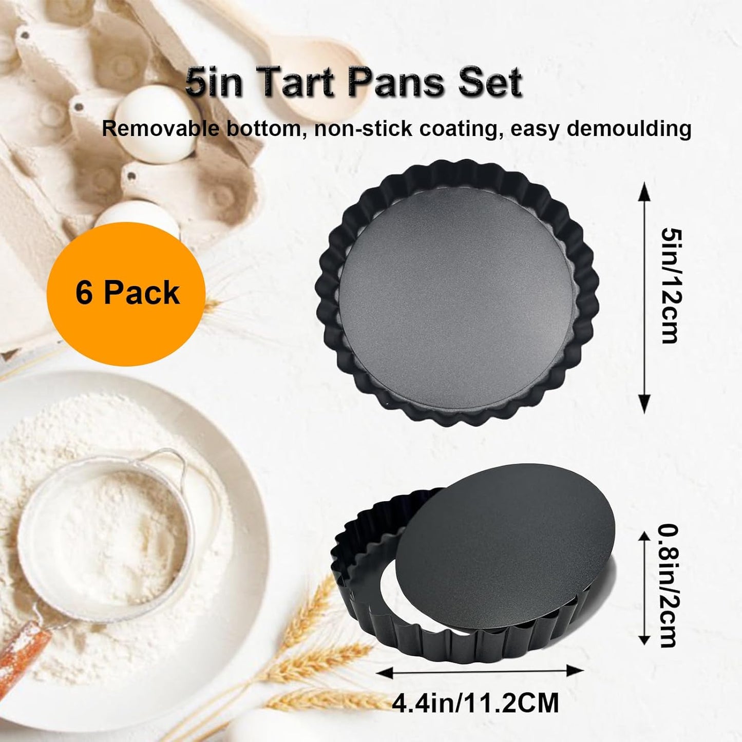 5 Inch Quiche Pans 6 Pack, Round Mini Tart Pans with Removable Bottom. Small Egg Tart Molds with Non-Stick Coating, Rugged Carbon Steel for Tart Shells Desert Making Christmas Festival Party