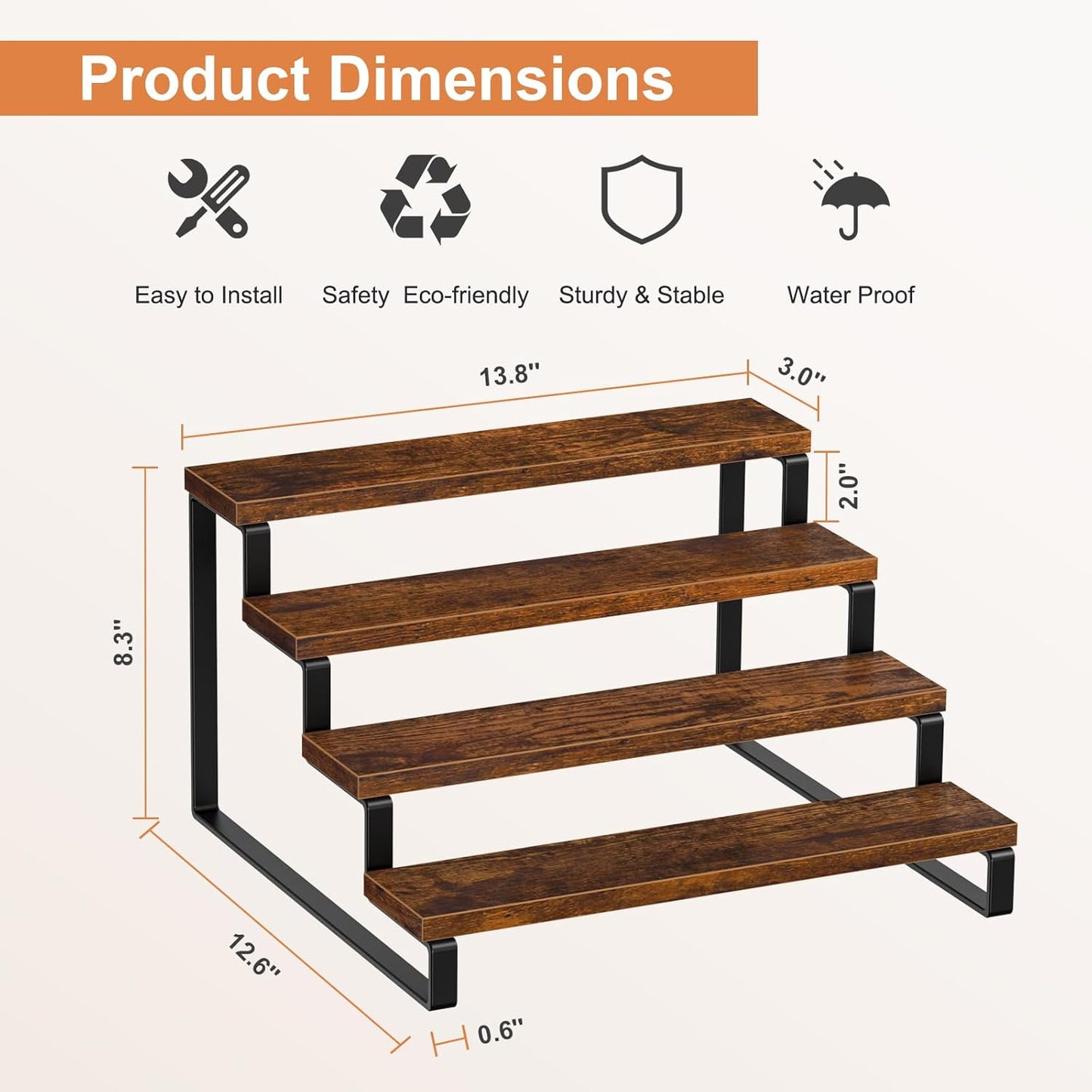 Giikin 4 Tier Spice Rack, Wooden Spice Rack for Countertop, Kitchen Counter Storage Shelves Cupcake Stand Holder Display Stand, Rustic Brown
