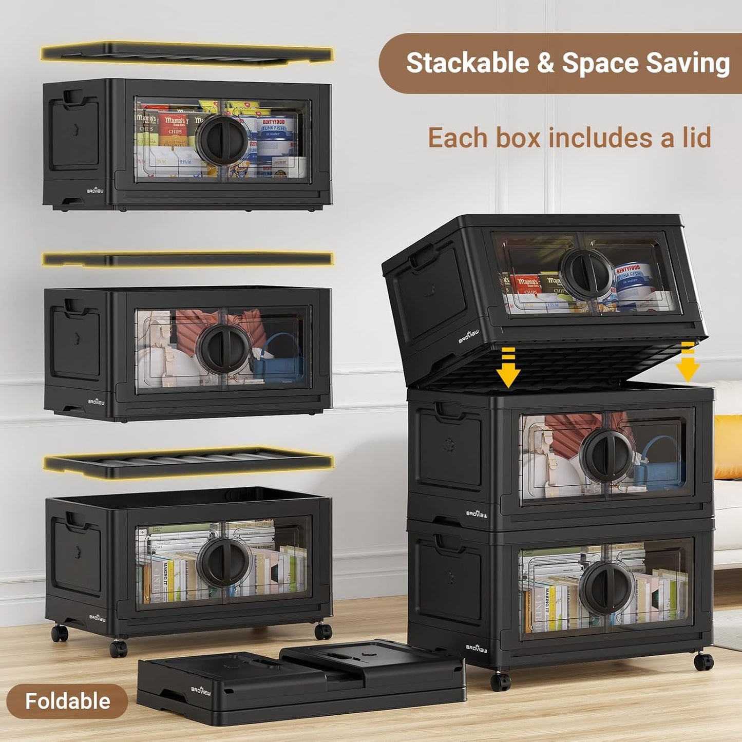 480Qt Lockable Stackable Storage Bins with Lids, Closet Organizers and Storage Drawer, Collapsible Storage Bin with Wheels, Plastic Cabinet for Toy Clothes Dorm Organizer, V9 4 Pack Black