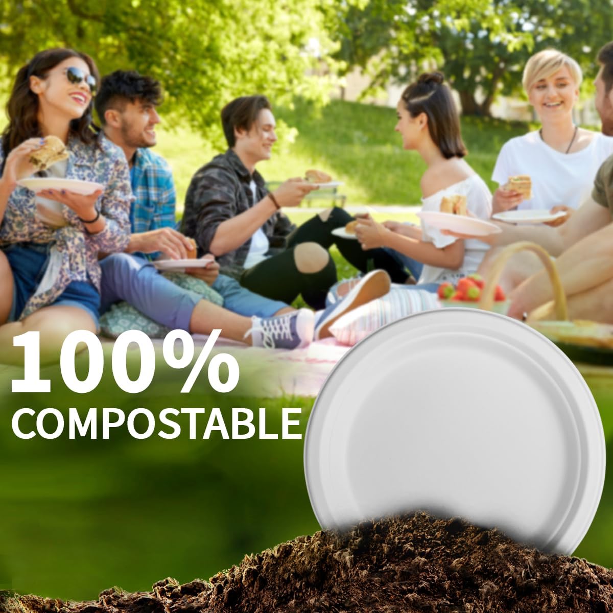 10 Inch Compostable Paper Plates【White 150 Pack】, 100% Sugarcane Bagasse Large Disposable Plates, Sturdy Heavy Duty, Biodegradable Dinnerware for Party, BBQ, Picnic, Catering