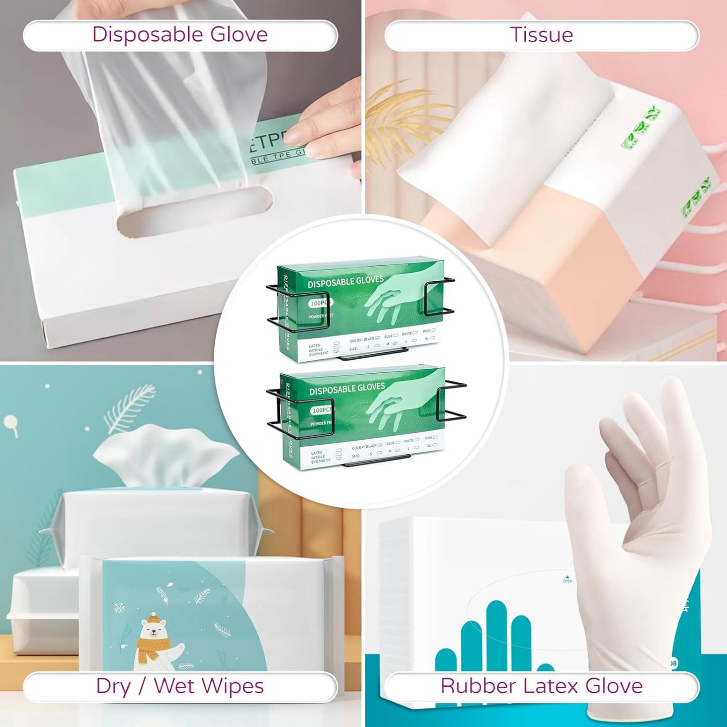 Glove Box Holder 2 Pack, Disposable Glove Dispenser Wall Mount, Metal Glove Rack Organizer for Rubber Latex Gloves Facial Tissue, Black