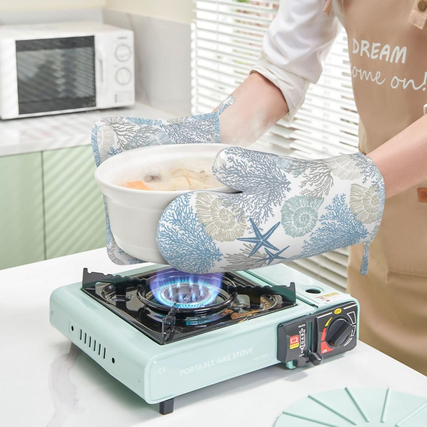 Nautical Coastal Oven Mitts and Pot Holders Sets Silicone Starfish Seashell Coral Beach Themed Kitchen Mitts Potholders Heat Resistant 4Pcs Ocean Oven Gloves Hot Pads for BBQ Grilling,Blue