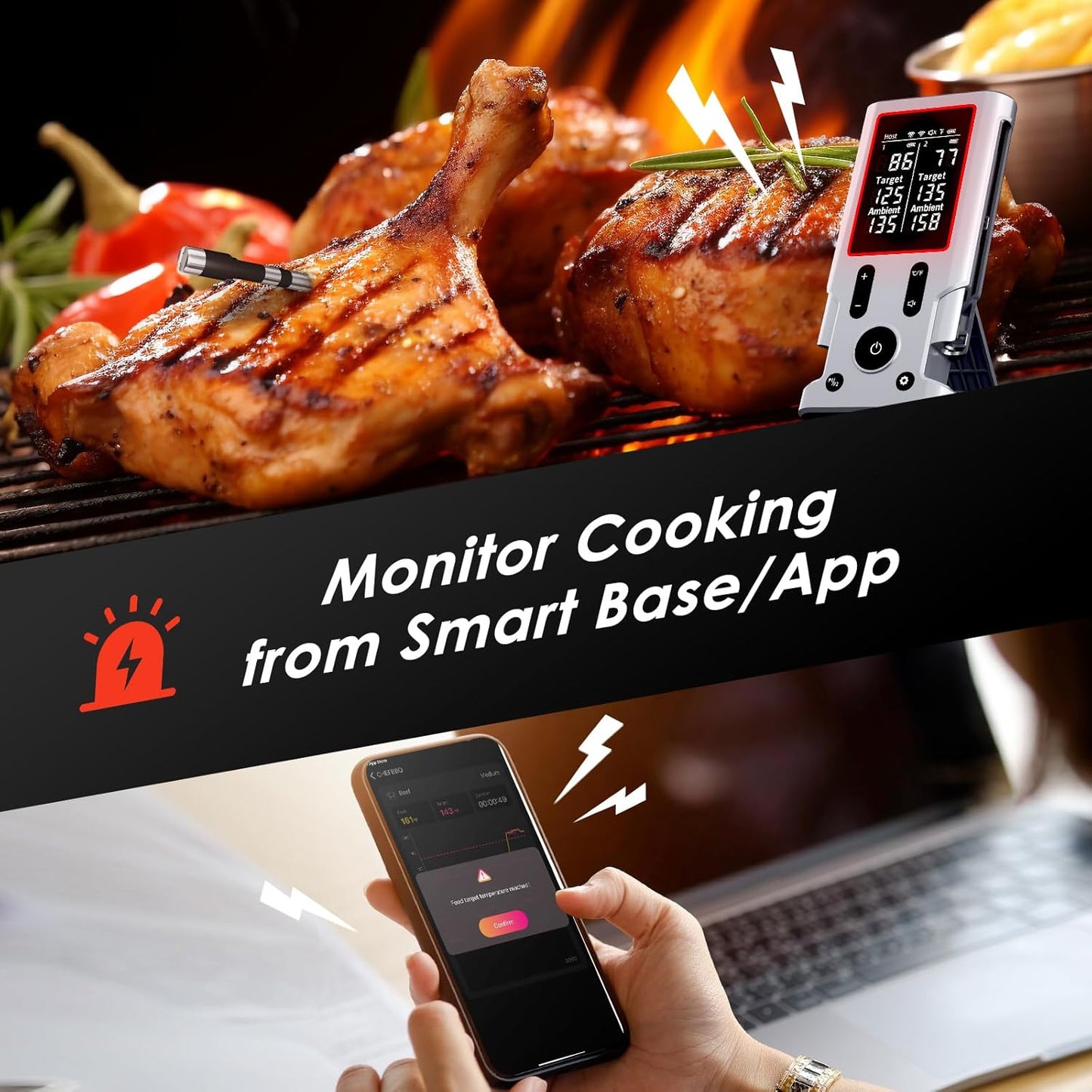 Wireless Meat Thermometer, 800FT Bluetooth Cooking Thermometer, 2 Ultra-Thin Probes, LCD Display, Digital Food Thermometer for Grill, BBQ, Smoker, Air Fryer, Rotisserie