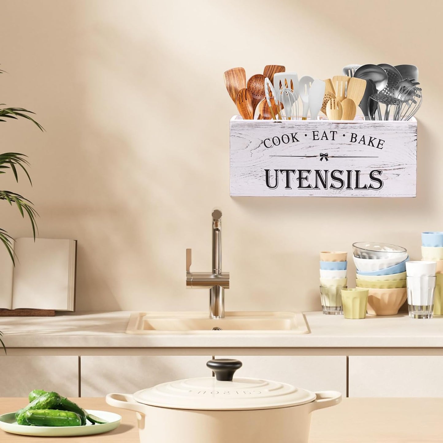 Kitchen Utensil Holder for Counter or Countertop, Extra Large Wood Organizer with 4 Compartments, Wooden Storage for Cooking and Silverware, Rustic Minimalist Decor, Sturdy Utensil Crock-White