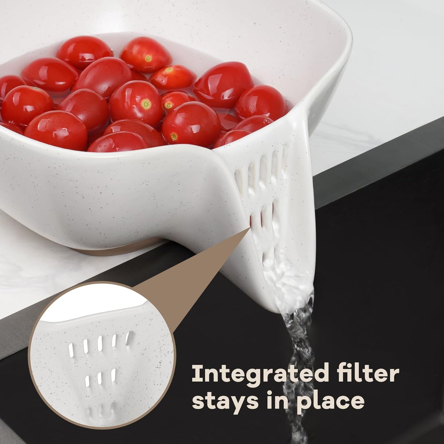 NiHome Ceramic Food Strainer with Integrated Drain Spout, Large Capacity Colander for Vegetables, Fruits, Pasta & More, Heat-Resistant, Crack-Proof, Easy to Clean, Dishwasher-Safe (Speckled White)