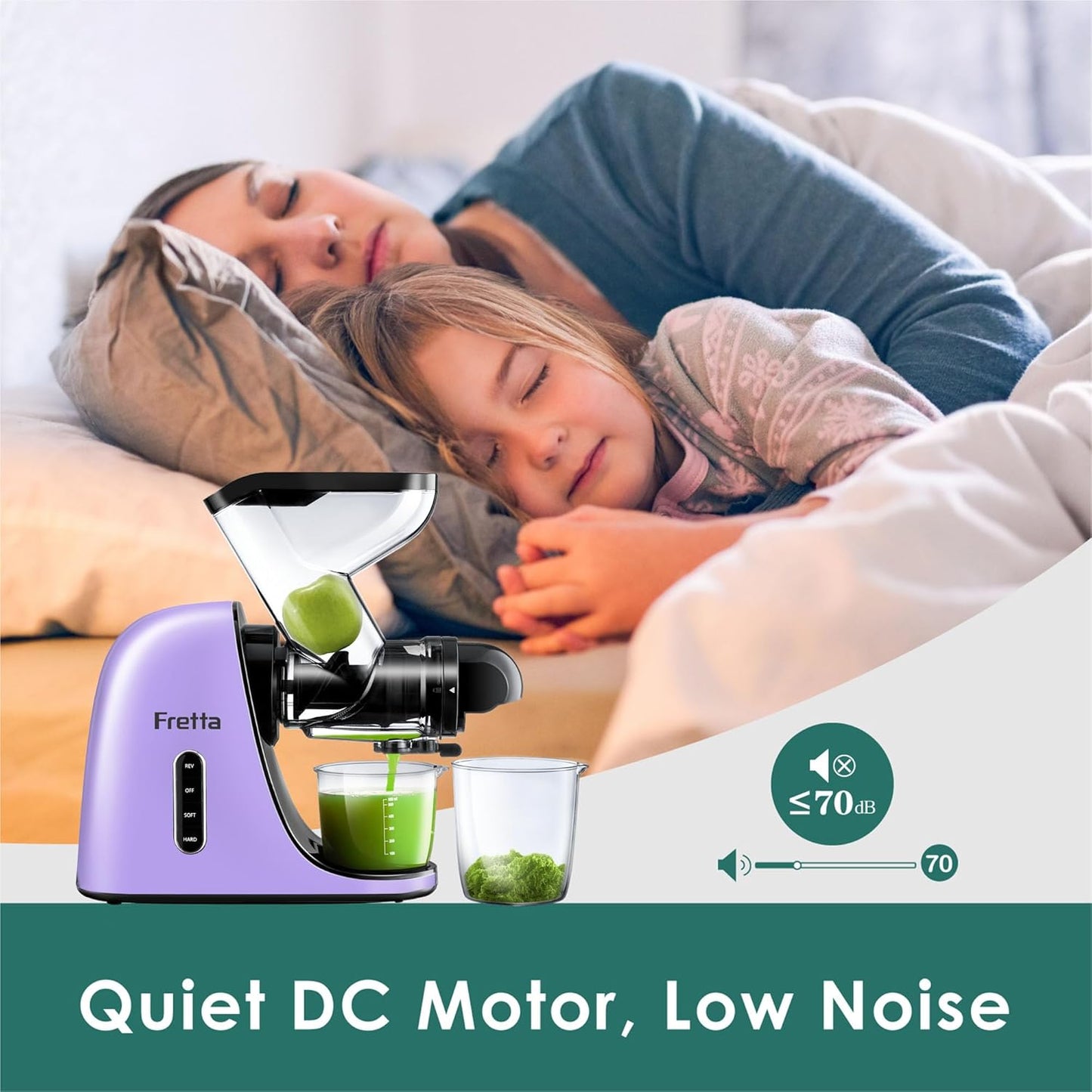 Masticating Slow Juicers, Fretta Wide Feeding Chute Cold Press Juicer, BPA-Free, Celery Juicer, Juicer Extractor with Quite DC Motor & Reverse Function, 2 Speed, 200W(Taro Purple)