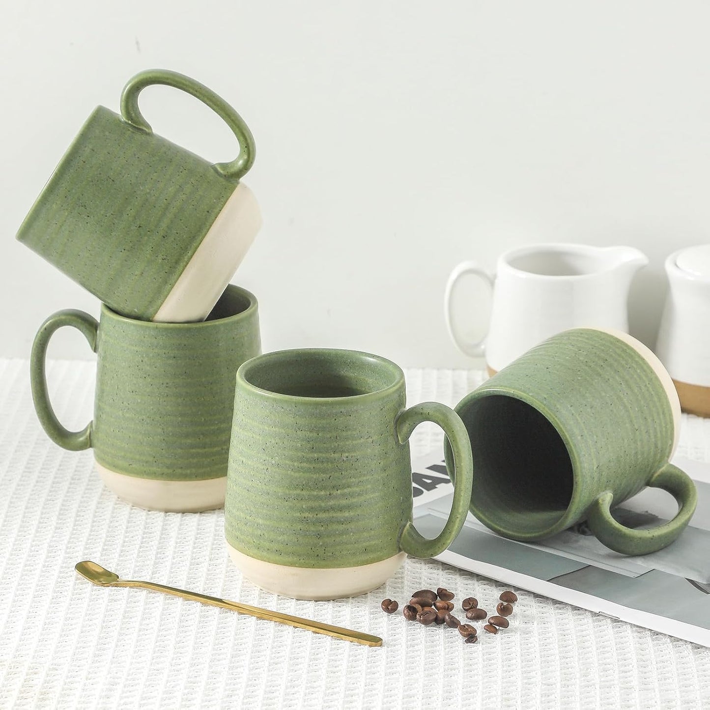 Hasense Porcelain Coffee Mugs Set of 4, 15 Oz Large Coffee Cups, Latte Cup with Handle, Tea Mugs for Men and Women, Modern Coffee Mug for Cappuccino, Milk, Cocoa, Microwave & Dishwasher Safe, Green