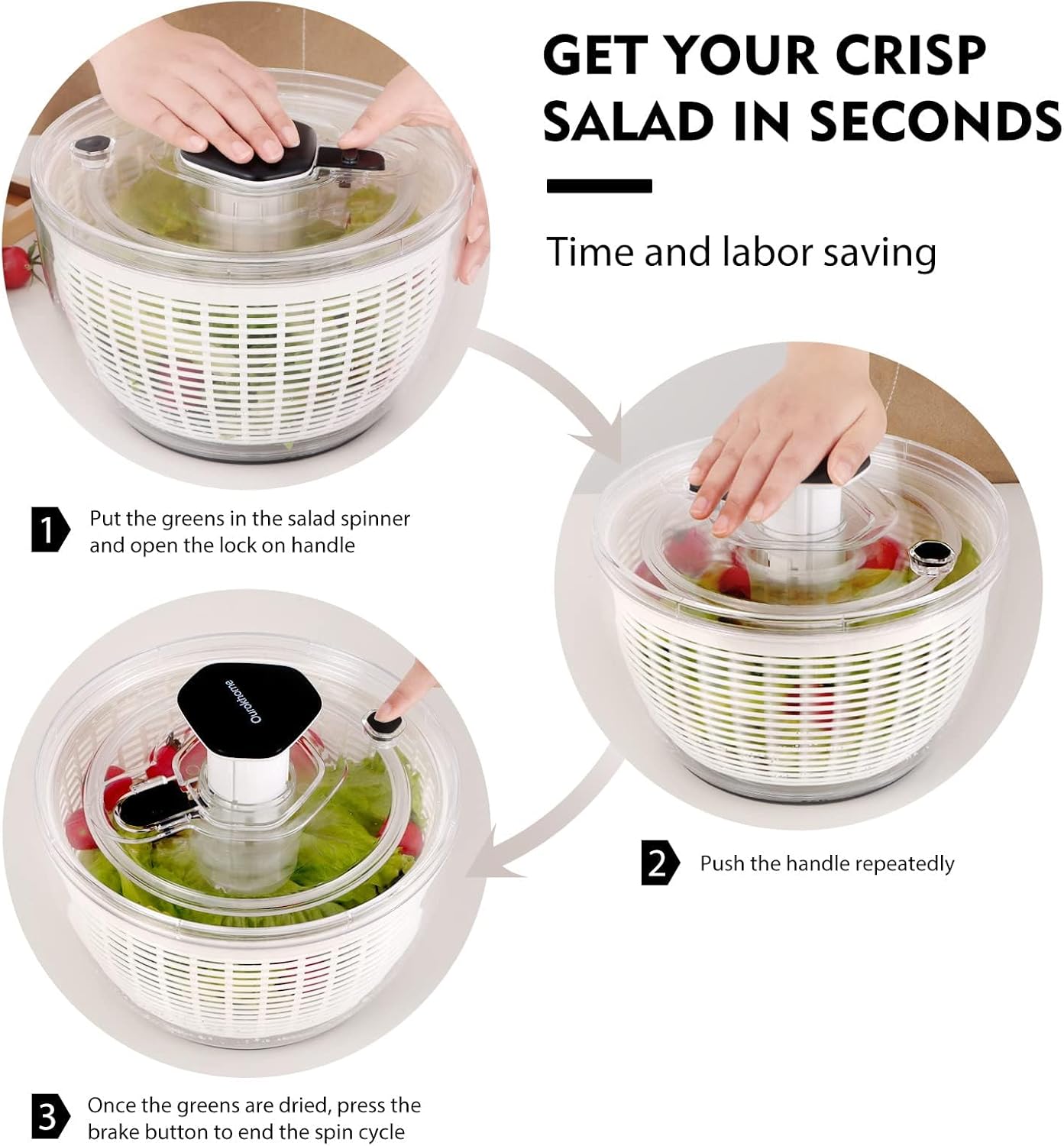 Ourokhome Salad Spinner Lettuce Dryer, One-handed Easy Press Large Vegetable Dryer Salad Mixer with Comfortable and Retractable Pusher and Brake Button for Greens, Herb, Berry, Fruits, 6.3 QT, Black