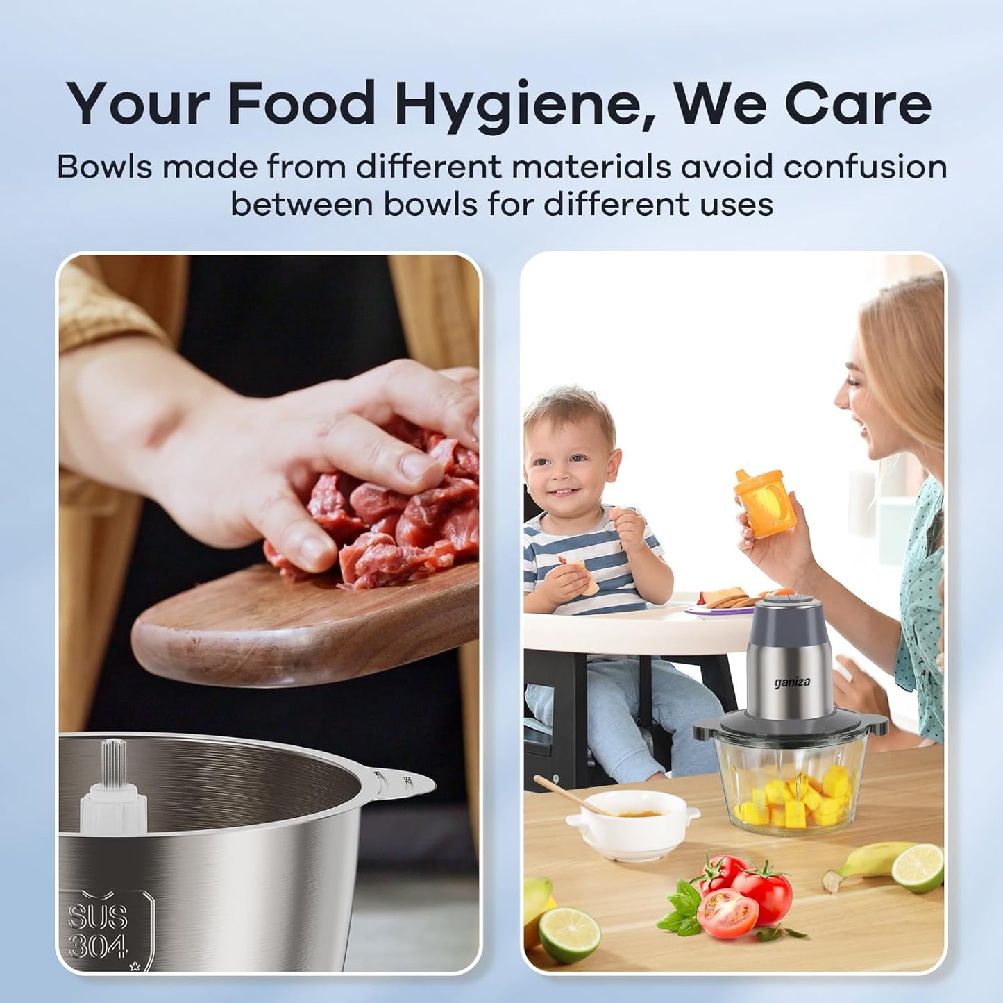 GANIZA Food Processors, Electric Chopper with Meat Grinder & Veggie Chopper - 2 Bowls with Powerful Copper Motor - Includes 2 Sets of Bi-Level Blades for Baby Food/Meat (Grey, 8 Cup+8 Cup)