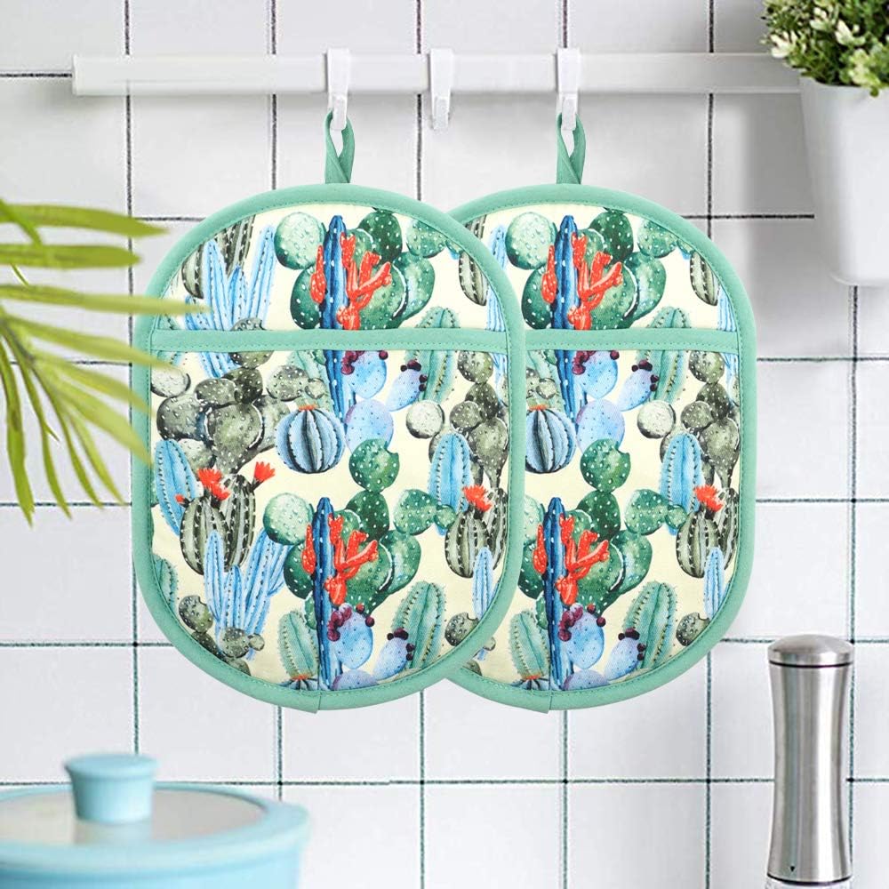 Pot Holders Set of 2 with Transparent Clear Silicone Shell and Nice Cactus Flower Cotton Lining, Heat Resistant to 500 F Kitchen Oven Gloves Pot Holder for Cooking (Cactus Flower, Potholders)