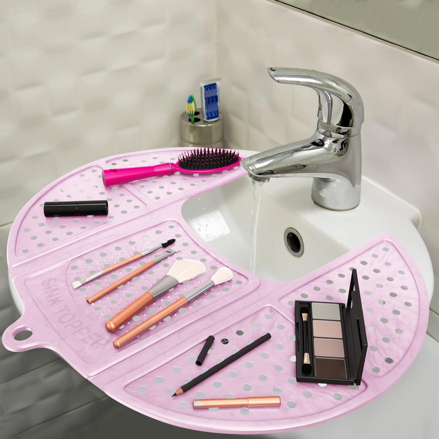 Sink Topper Bathroom Counter Cover & Storage Saver, Foldable Silicone Mat for Hot Tools, Hair Styling & Makeup, Beauty Brush Cleaning Mat, RV Camper Sink Cover & for Small Spaces (Standard Pink)