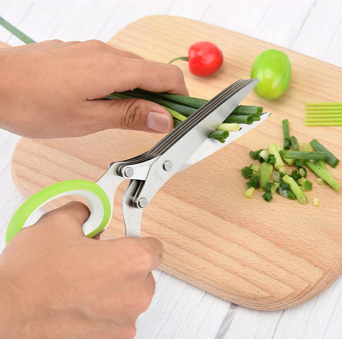 Herb scissors, Multipurpose Cutting Shears with 5 Blade Kitchen Salad Scissors, Safety Cover and Cleaning Comb for Chopping Cilantro Onion Basil Chive Parsley, Green