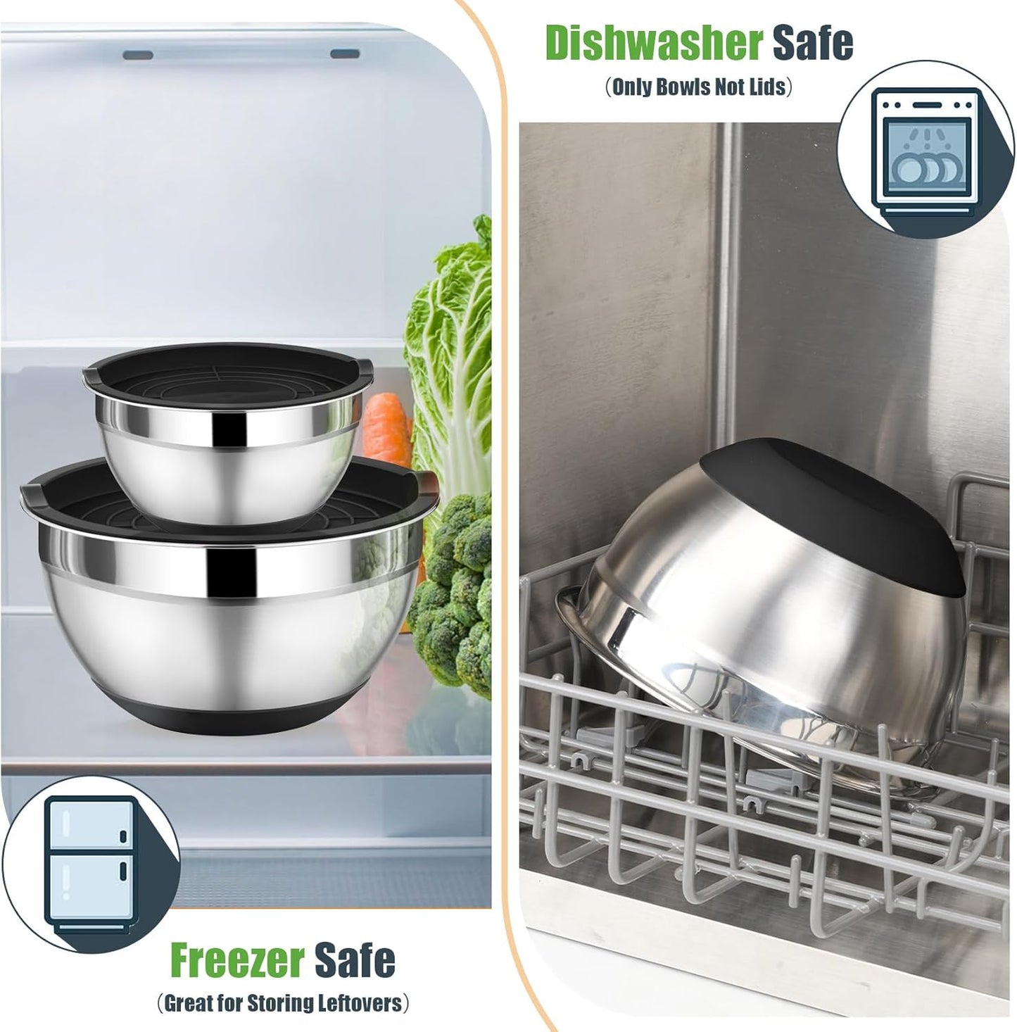 P&P CHEF Mixing Bowl with Lids Set of 3, Stainless Steel Nesting Salad Bowls for Serving Preparing, 3 Grater Attachments & Non-Slip Bottoms, Size 1.5/2.6/4.6 QT, Black