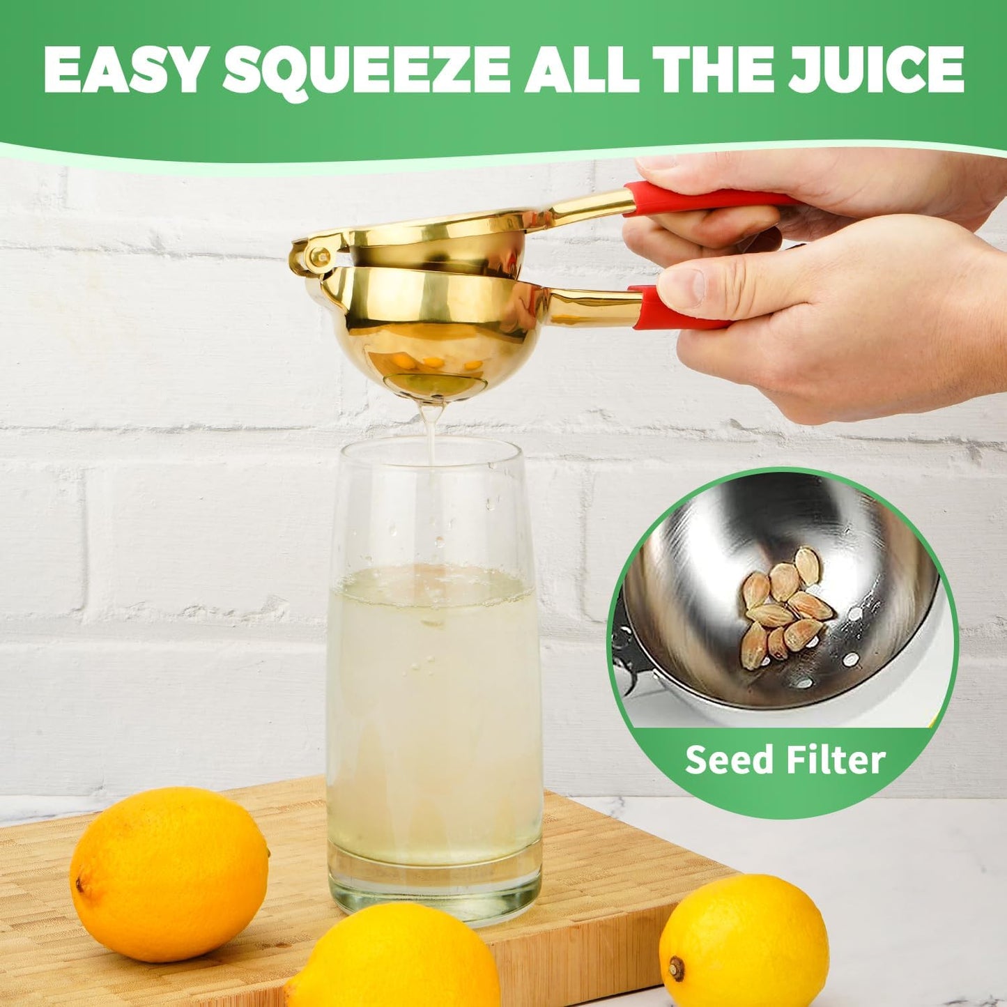 Lemon Squeezer,304 Stainless Steel Citrus Press Juicer,Non-Slip Grip Design Manual Juicer,Heavy Duty Manual Citrus Press Juicer & Lime Squeezer-Gold & Red