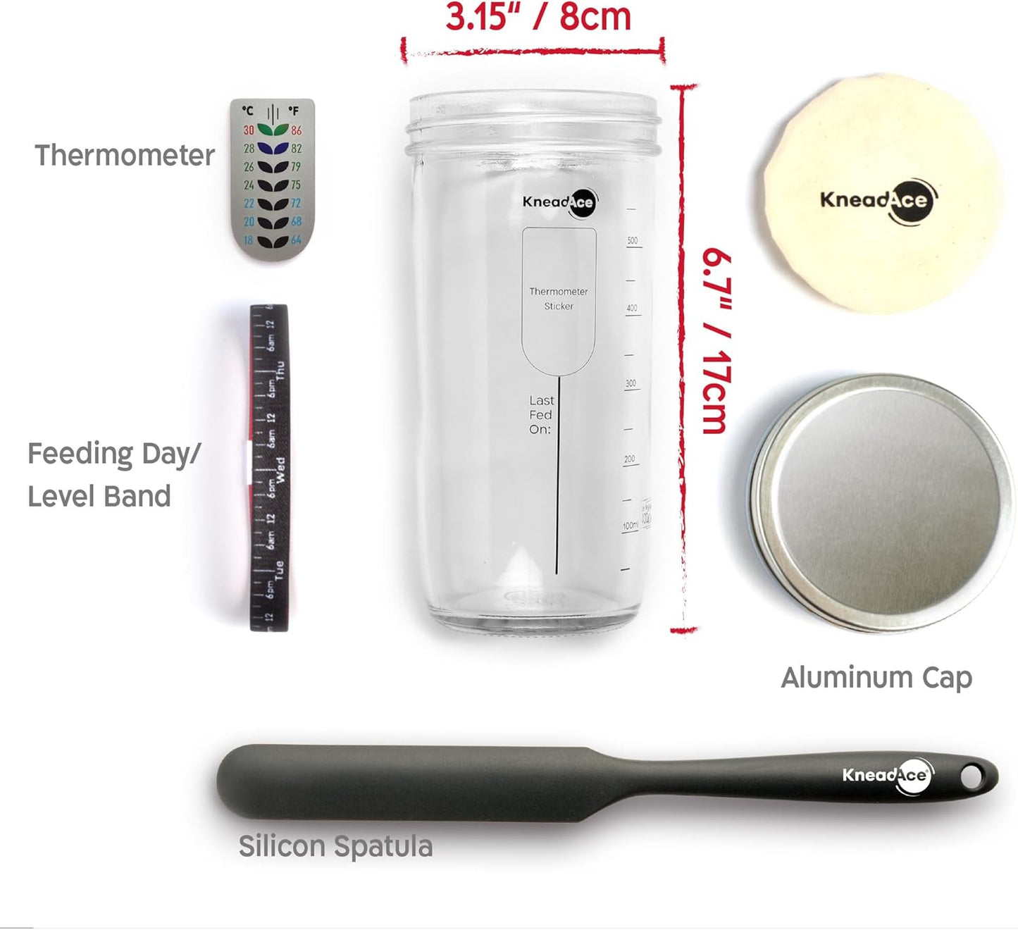 KneadAce Sourdough Starter Kit (24oz Jar, 2xRound Baskets, Gray Bread Lame)