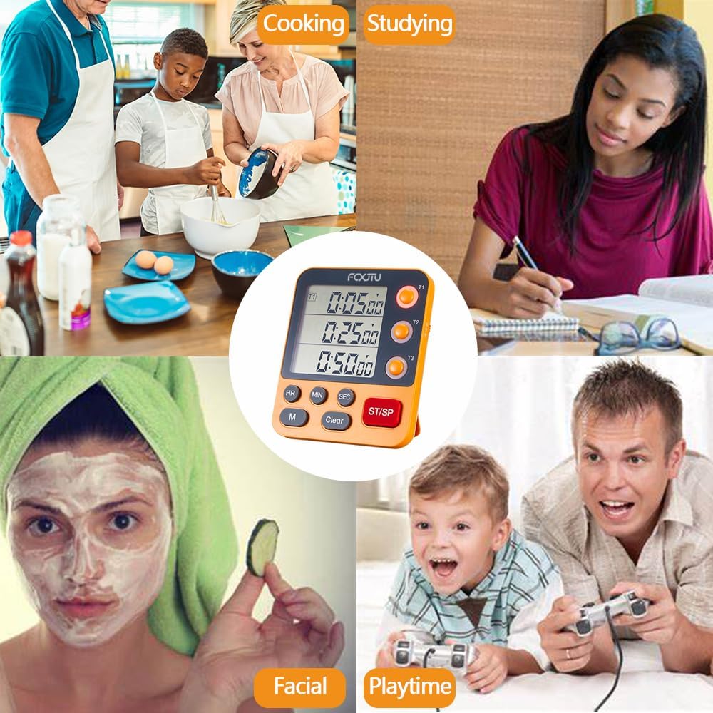 FCXJTU Digital Dual Triple Kitchen Timer, 3-Channel Magnetic Countdown Timer for Cooking, Large Display Stopwatch Multi Food Classroom Timer Loud Alarm for Seniors Teachers Battery Included (Orange)
