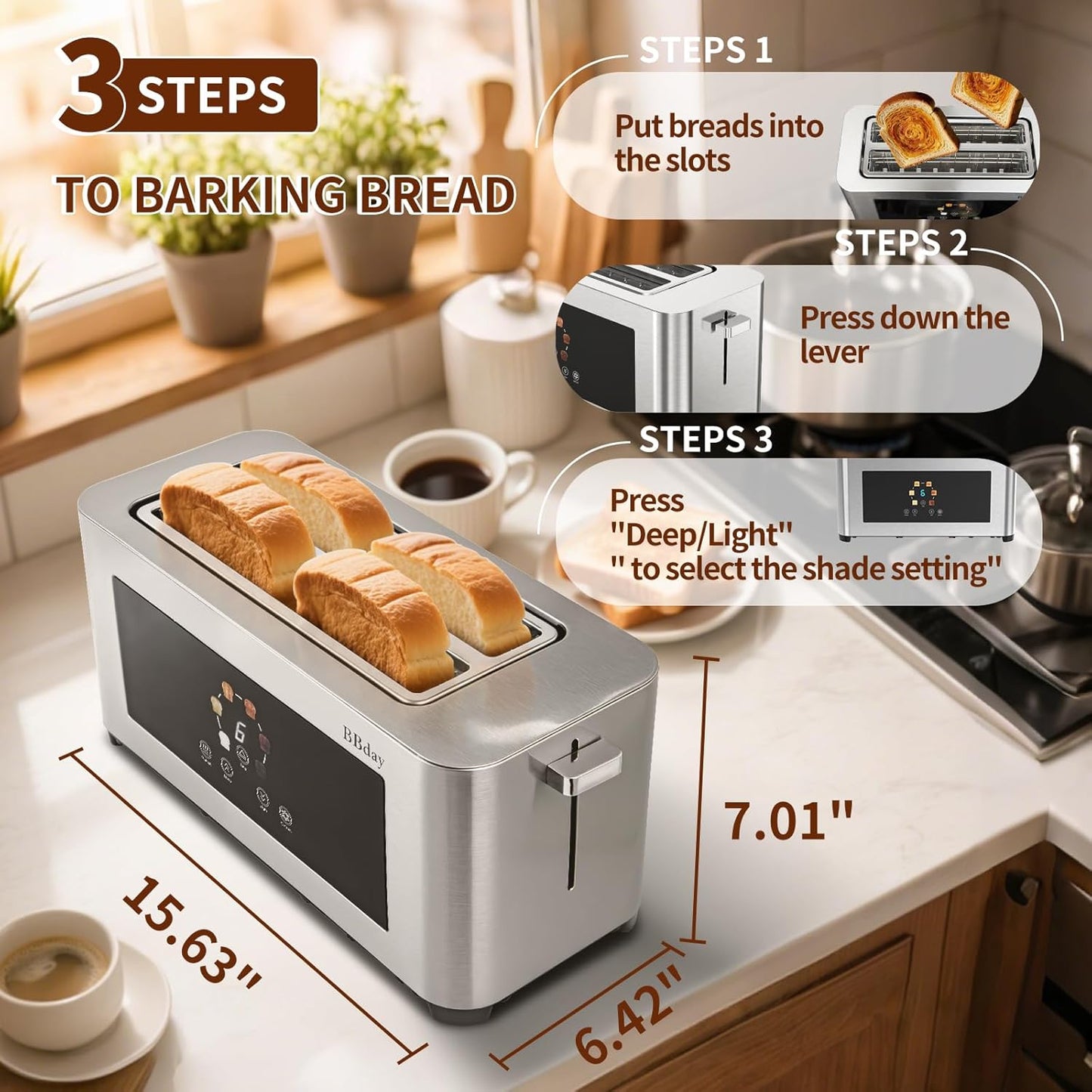 Toaster 4 slice with Touch Screen LCD Display, Extra Long Wide Slots Toaste, Smart Toaster with 6 Browning Levels, Defrost, Reheat & Removable Tray, Stainless Steel