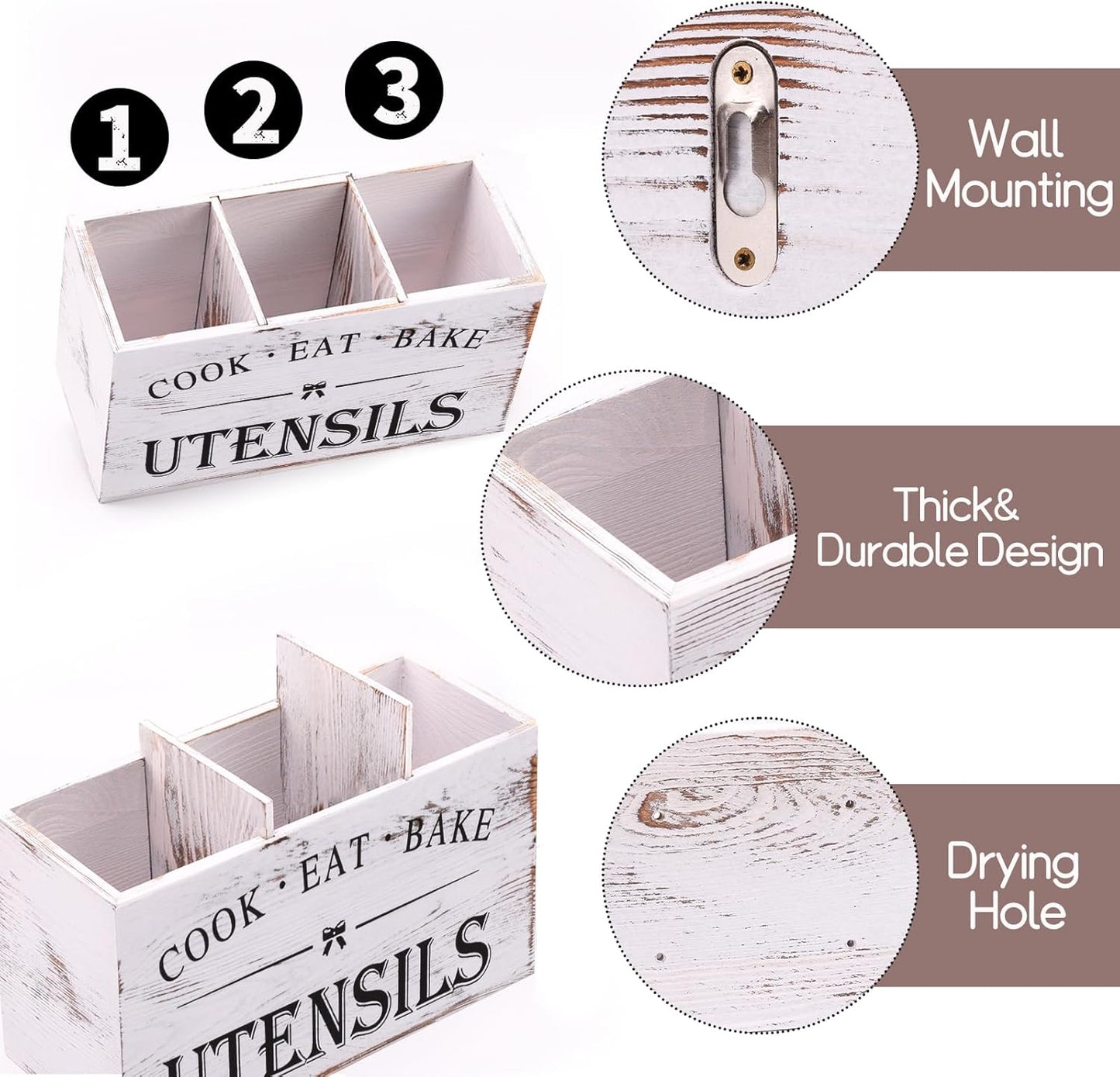 Kitchen Utensil Holder for Counter or Countertop, Extra Large Wood Organizer with 3 Compartments, Wooden Storage for Cooking and Silverware, Rustic Minimalist Decor, Sturdy Utensil Crock-White