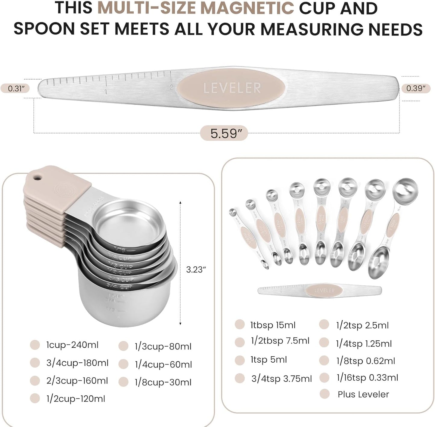 Magnetic Measuring Cups and Spoons Set-Heavy Duty 304 Stainless Steel,Double Measurement Markings,Set of 16 with Leveler for Measure Dry and Liquid Ingredients (khaki)