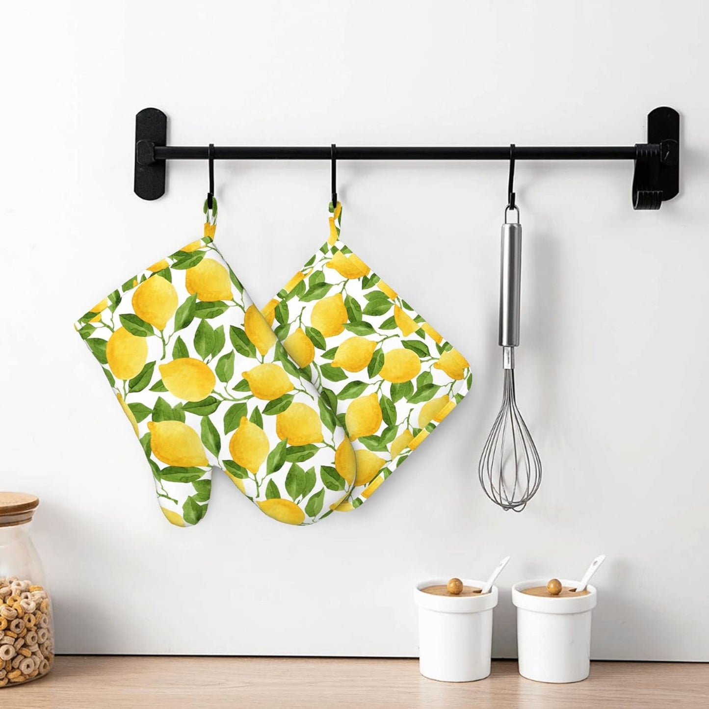 Lemon Oven Mitts and Pot Holders Sets of 4,Resistant Hot Pads with Silicone Non-Slip BBQ Gloves for Kitchen,Cooking,Baking,Grilling