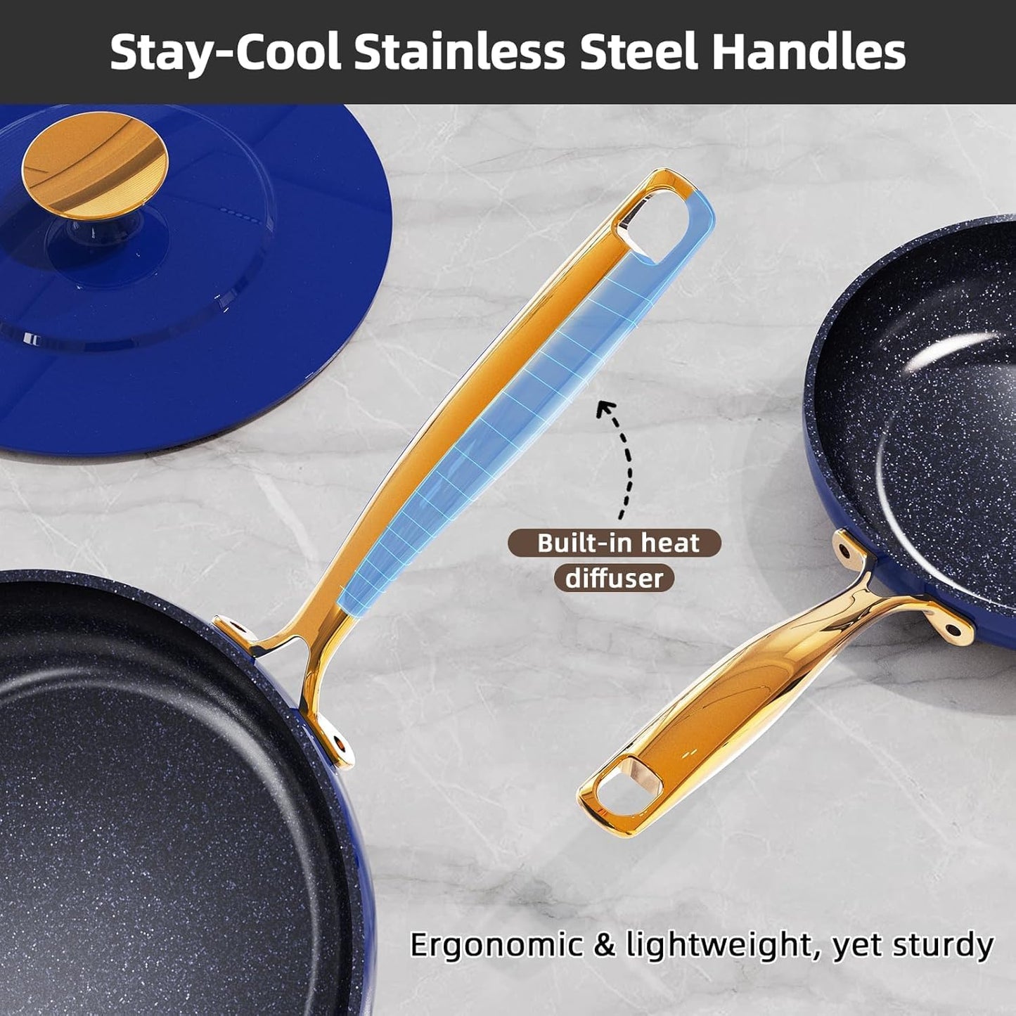 Nuwave Lux LE 13-Pc Cookware Set with Elegant Gold Handle, Diamond Infused Ceramic Non-Stick, PFAS Free, Premium Metal Lids, Ergonomic Stay-Cool Handles, Induction Ready & Compatible w/All Cooktops