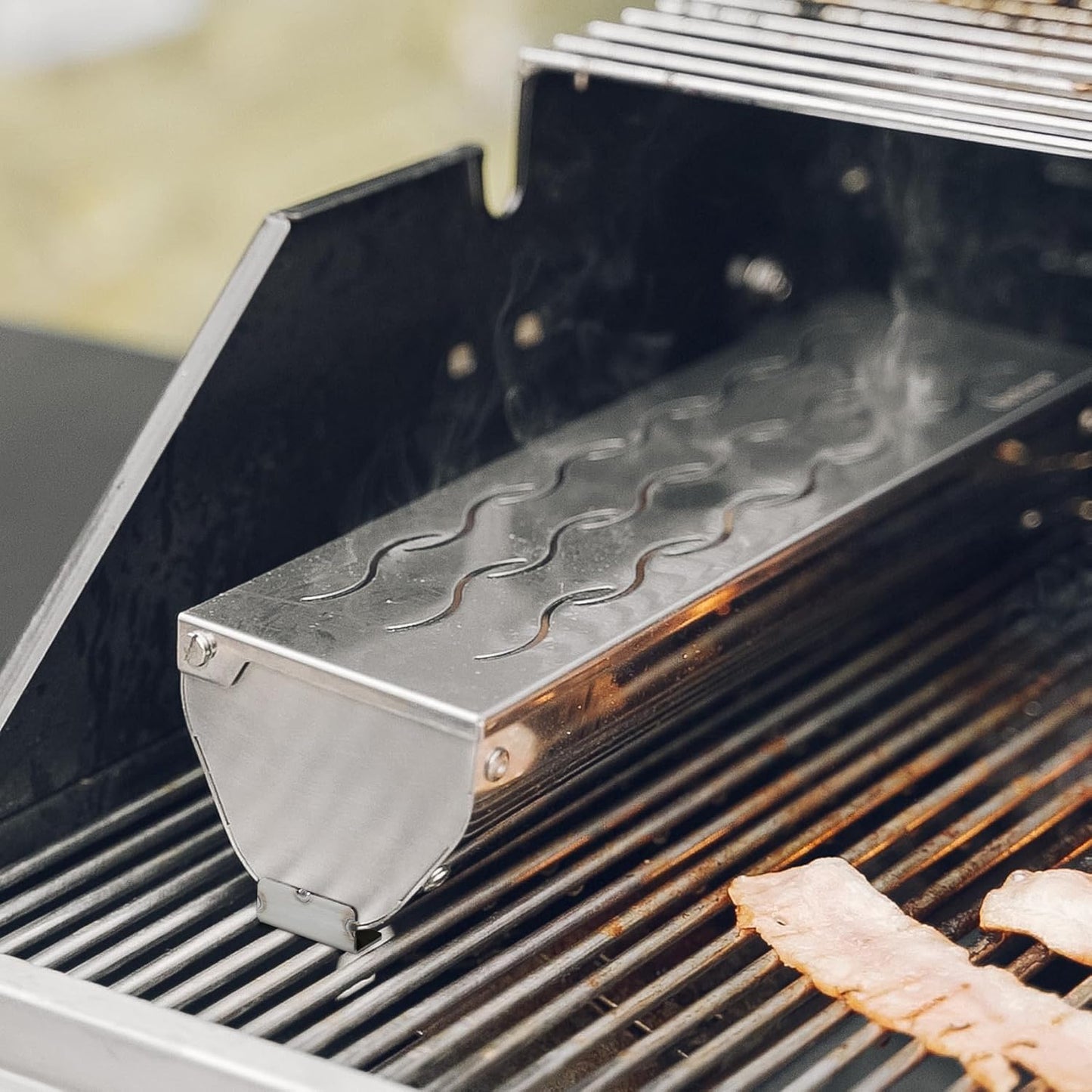 Skyflame Stainless Steel Wood Chip Smoker Box, BBQ Meat Smoking with Wavy Vent and Hinged Lid, Large Capacity for Gas/Charcoal Grill, V Shape with Flat Base Bottom