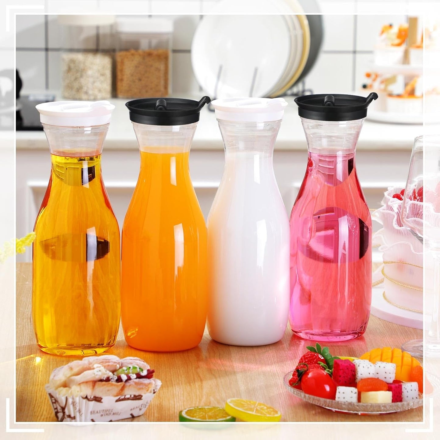 Gejoy 24 Pcs Plastic Water Carafe with Lids 32 oz Clear Juice Pitchers for Mimosa Bar Drinks Milk Iced Tea Beverage Containers for Home Restaurant School Fridge, Not Dishwasher Safe (White,Black Cap)