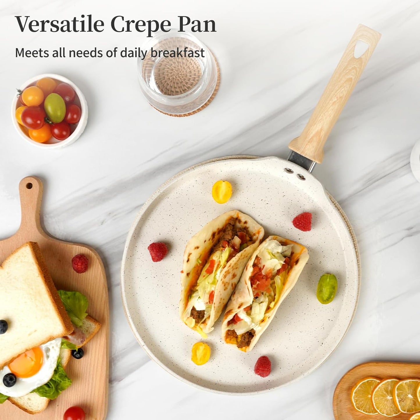 11 inch Nonstick Crepe Pan, Granite Coating Flat Skillet Dosa Tawa Tortilla Pan, White Large Pancake Griddle Comal Pan, Compatible with All Stovetops, PFOA Free