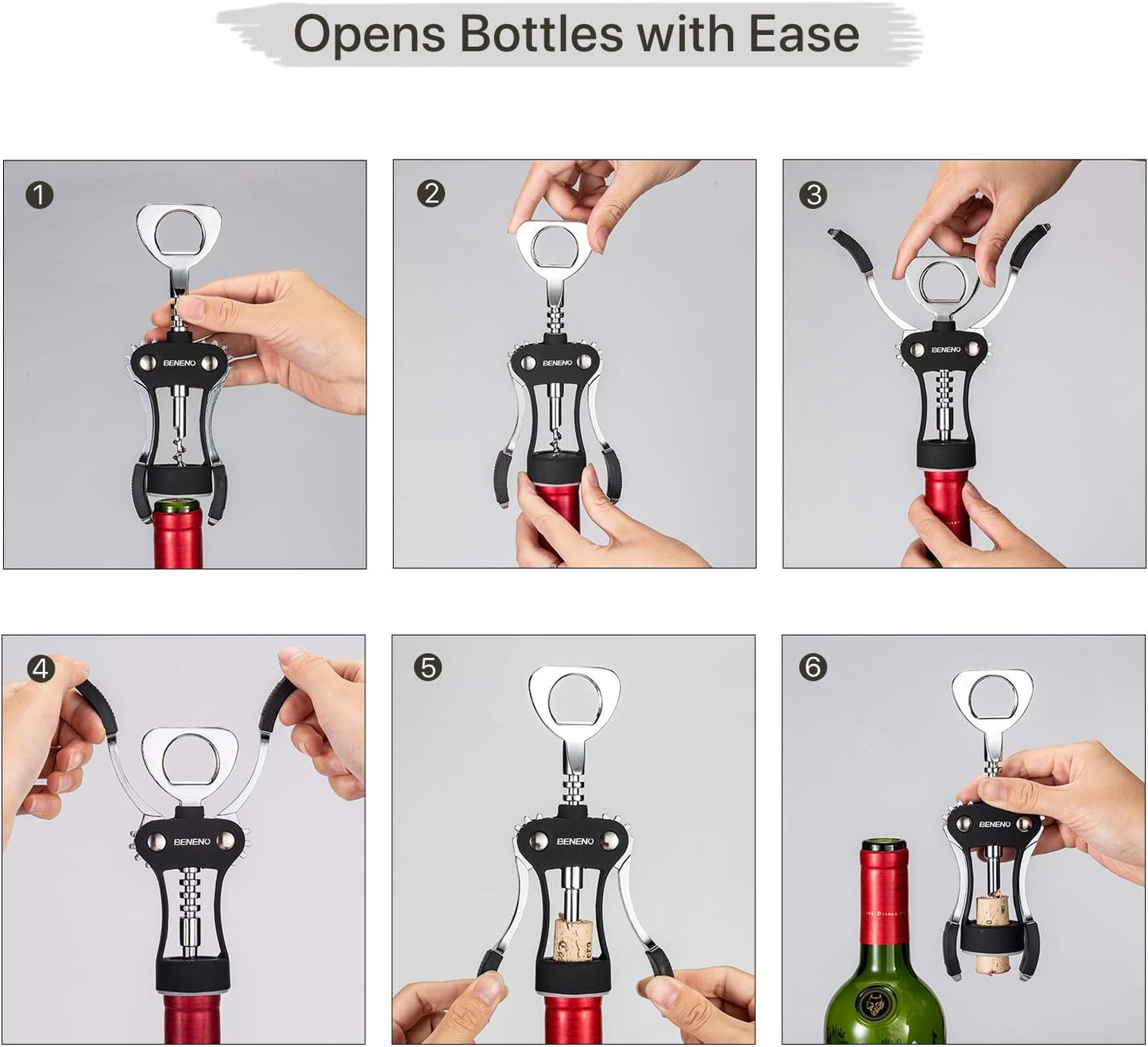 Beneno Wine Opener, Zinc Alloy Premium Wing Corkscrew with Multifunctional Bottles Opener, Sharp Wine Corkscrew with Ergonomic Non-Slip Wing Handle, Upgrade Black