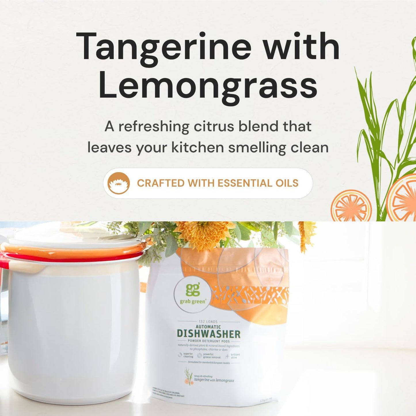 Grab Green Automatic Dishwashing Detergent Pods, 60 Count, Tangerine Lemongrass Scent, Plant and Mineral Based, Superior Cleaning, Powerful Grease Removal, Brilliant Shine