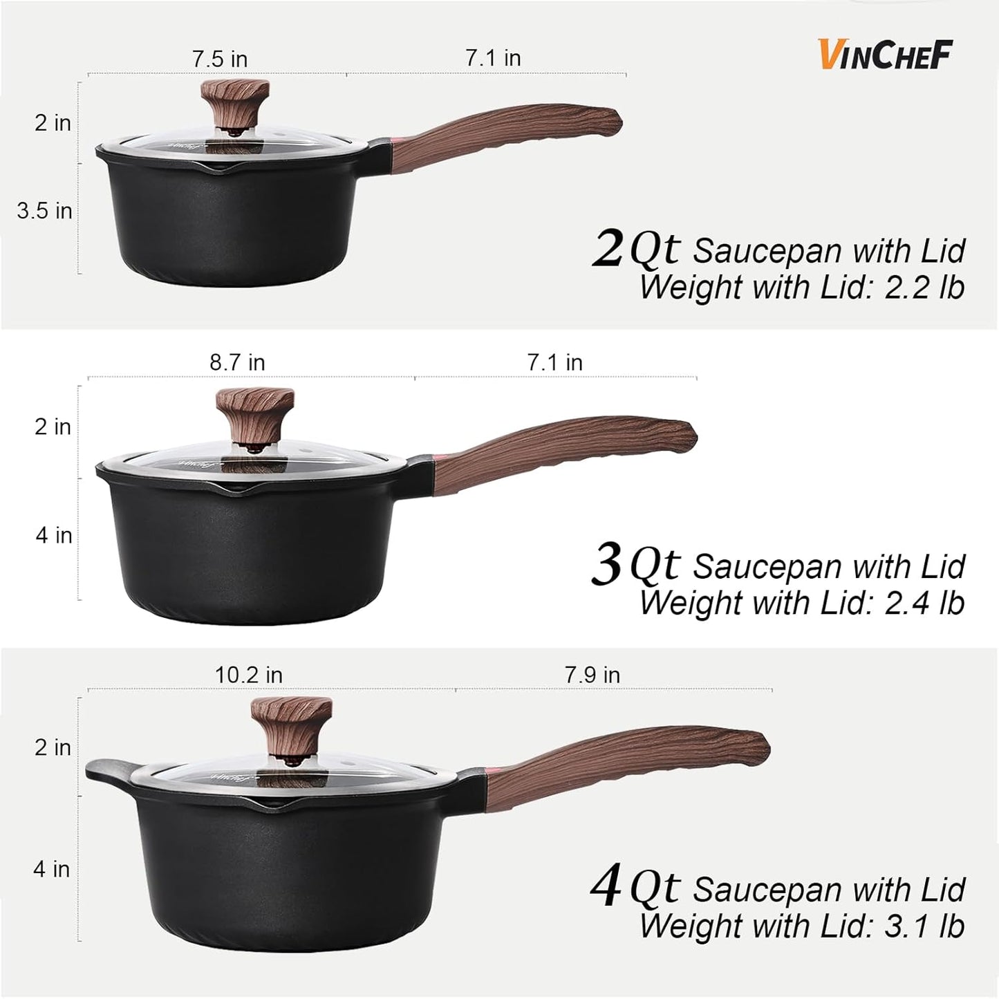 VINCHEF Sauce Pan Set with Lid 10PCS, 2QT+3QT+4QT Non Stick Sauce Pots Cooking Induction Pot set, Silicone Tools and Pot Protectors, PFAS and PFOA Free Black