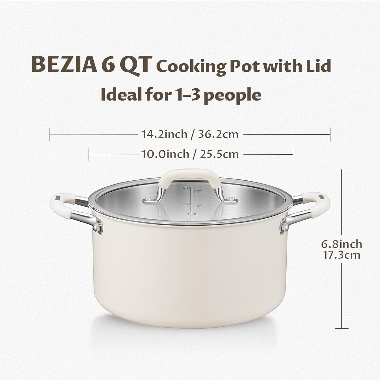 6 Quart Pot with Lid, BEZIA Tri-Ply Stainless Steel Stock Pots, Large Cooking Pots with Silicone Handle, Soup Pot for Induction Cooktop, Compatible with All Cooktops, Dishwasher Safe