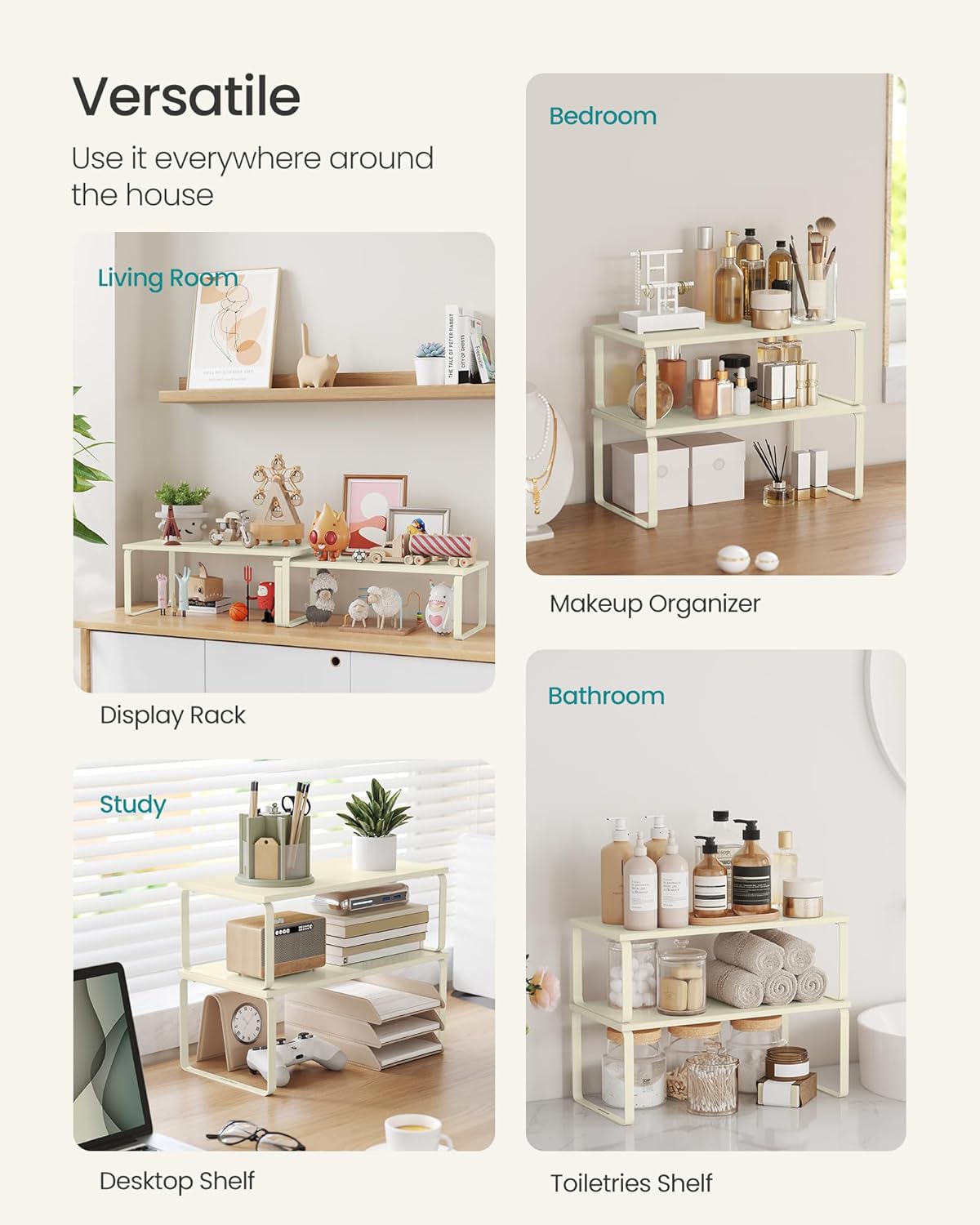 SONGMICS Cabinet Organizer Shelf, Set of 2 Kitchen Counter Shelves, Kitchen Storage, Spice Rack, Stackable, Expandable, Metal and Engineered Wood, Cream White UKCS200W02