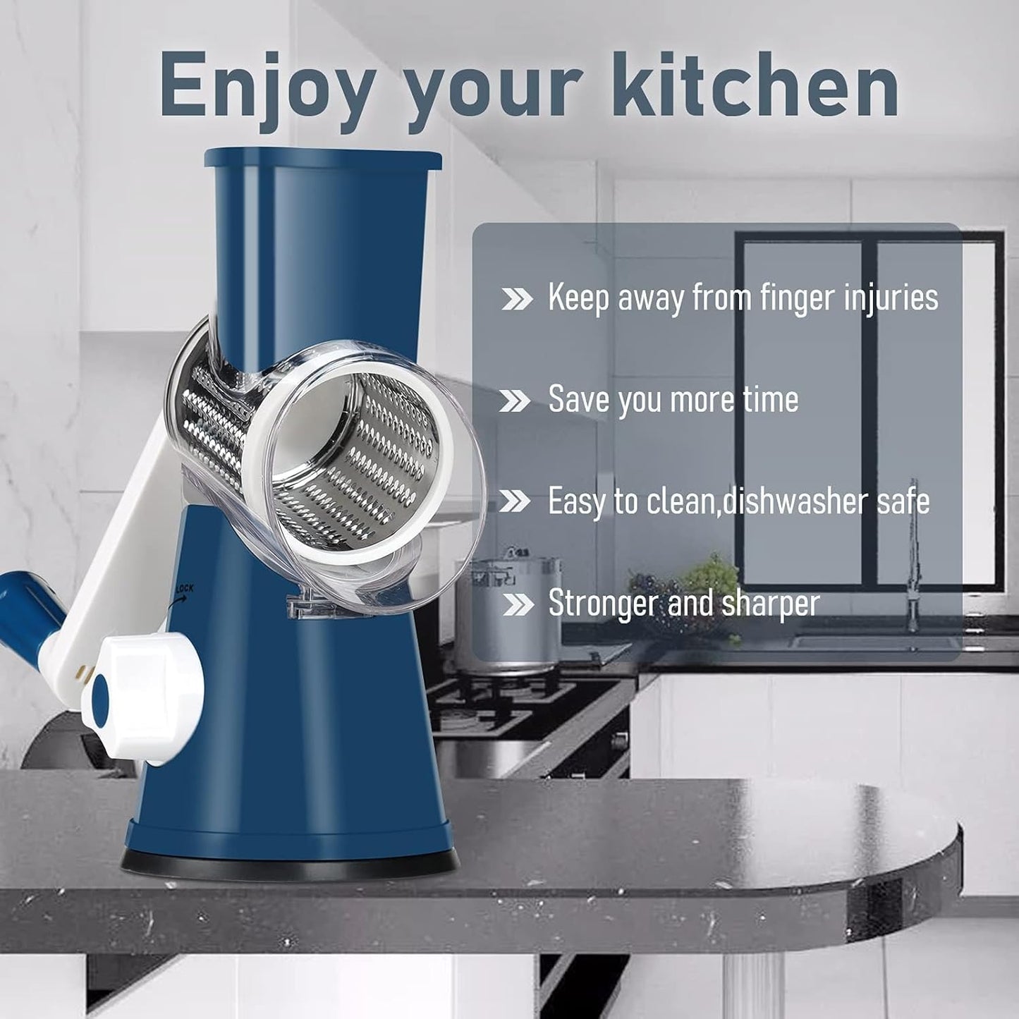 KEOUKE Rotary Cheese Grater with Handle - 3 Changeable Blades for Cheese, Vegetables, Nuts - Blue