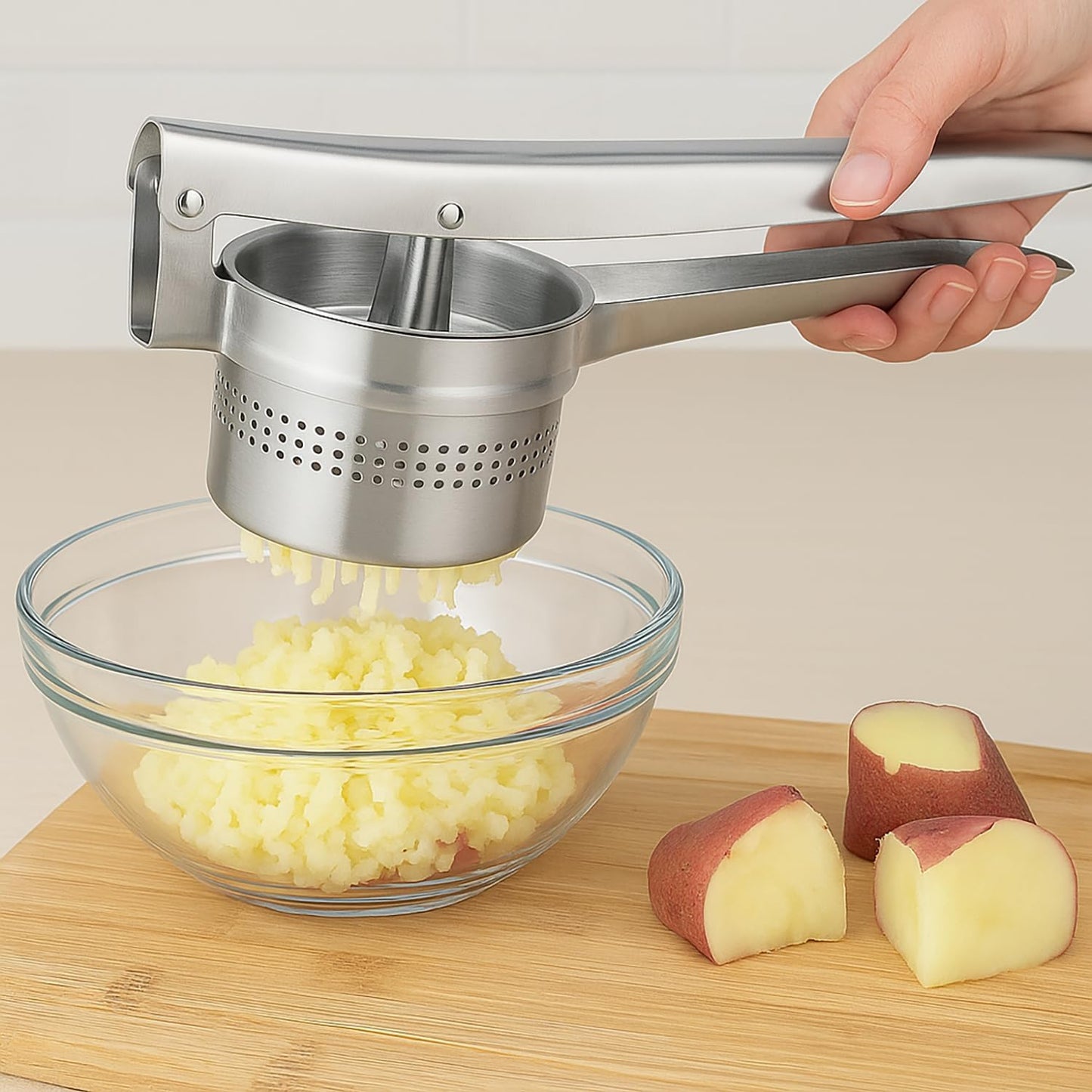 Stainless Steel Potato Ricer and Masher – Heavy Duty Manual Press for Smooth Mashed Potatoes, Baby Food, Vegetables, Garlic – Ergonomic Non-Slip Handle Kitchen Tool for Cooking Prep