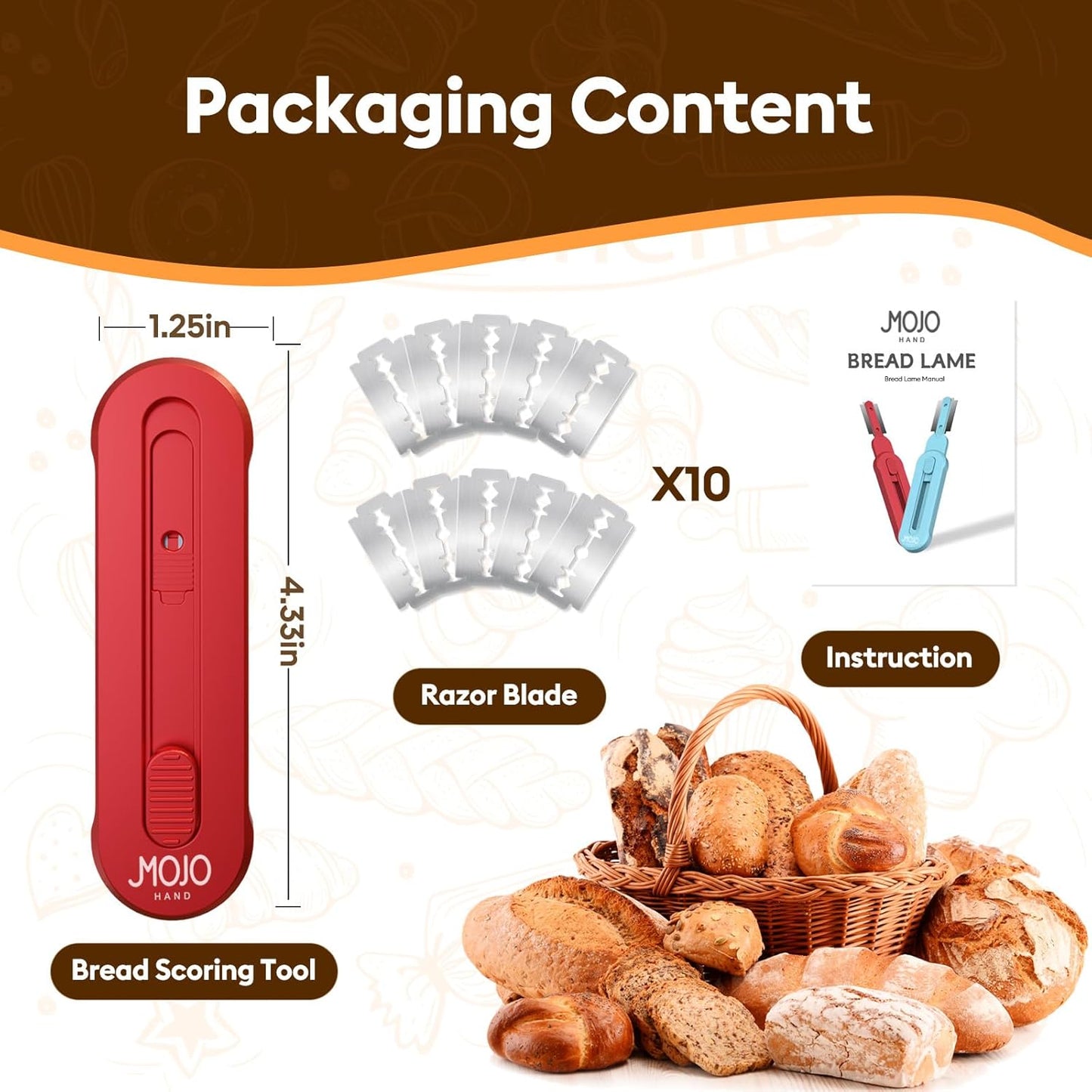 MOJOHAND Bread lame for Dough, Magnetic & Reusable Bread Lame Dough Scoring Tool, Anti-Slip Handle with Long Retractable Razor blades, Sourdough Scoring tool for Bread Making(Red)