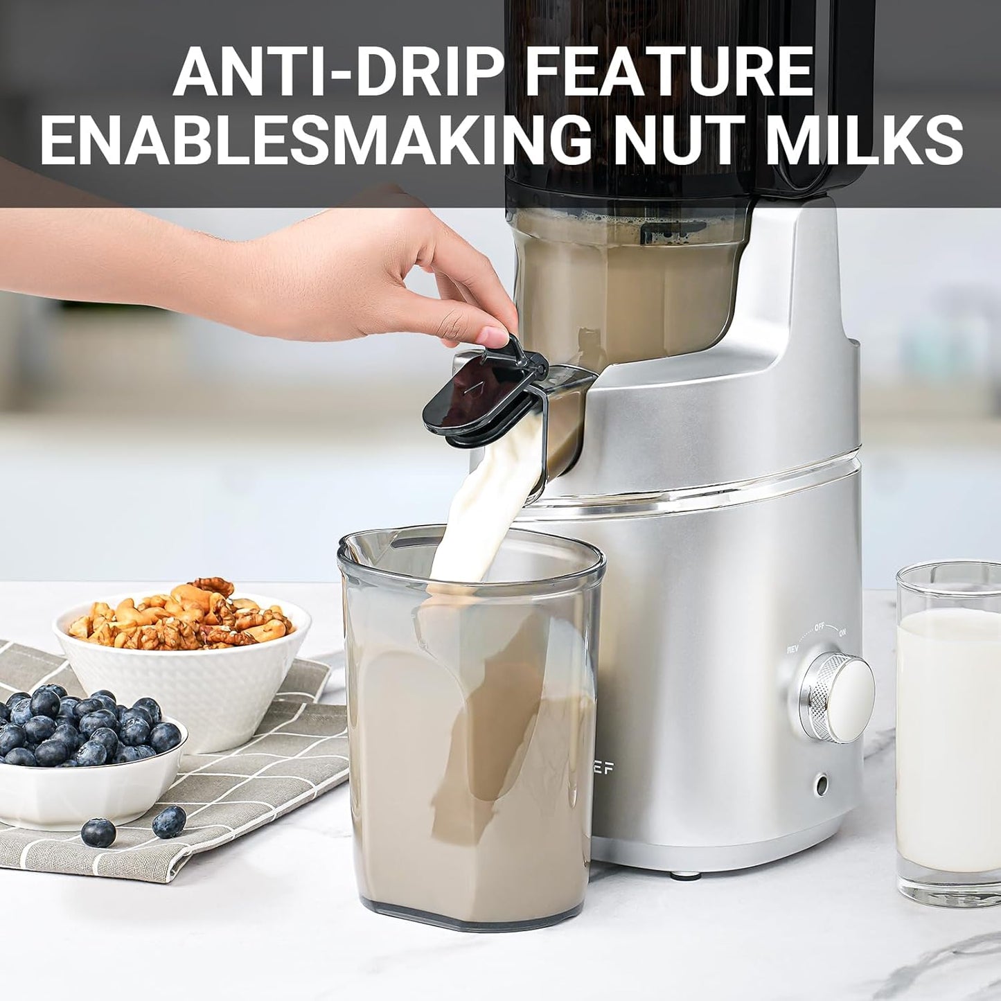 Juicer Machines, AMZCHEF 5.3-Inch Self-Feeding Masticating Juicer Fit Whole Fruits & Vegetables, Cold Press Electric Juicer Machines with High Juice Yield, Easy Cleaning, BPA Free, 250W-Silver