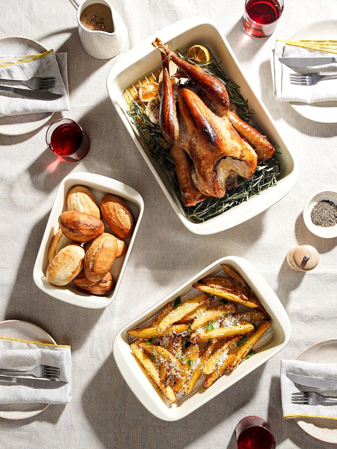 LE TAUCI Deep Casserole Dishes for Oven, 13.7”x9.6” Ceramic Baking Dish Set with Roasting Racks, Large Lasagna Pans with Handles, Rectangular Bakeware as Gift for Mom, Oatmeal Greige (4.6QT/3.0QT/1.6QT), Set of 3