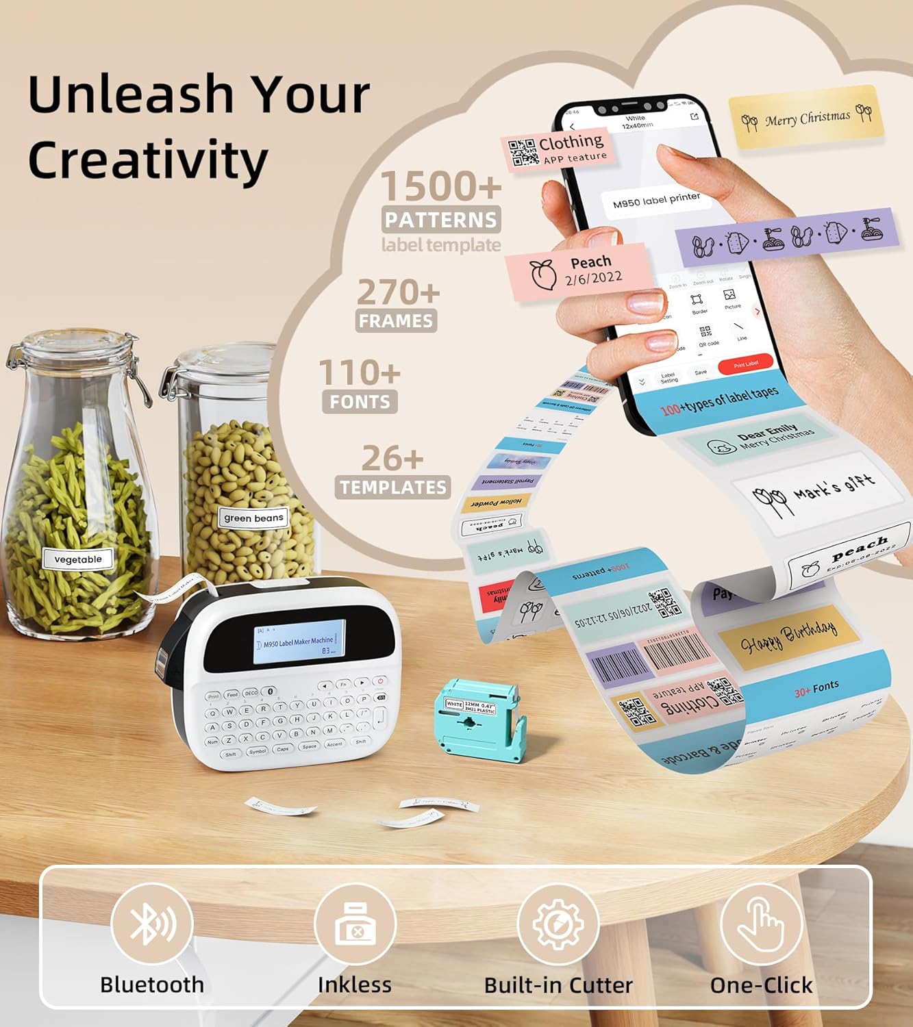 Label Maker Machine with Tapes, Label Maker Waterproof-Labels, Rechargeable Bluetooth Labeler, Portable Labeling Machine with Backlit LCD, M950 Handheld Label Printer for Office Home Use