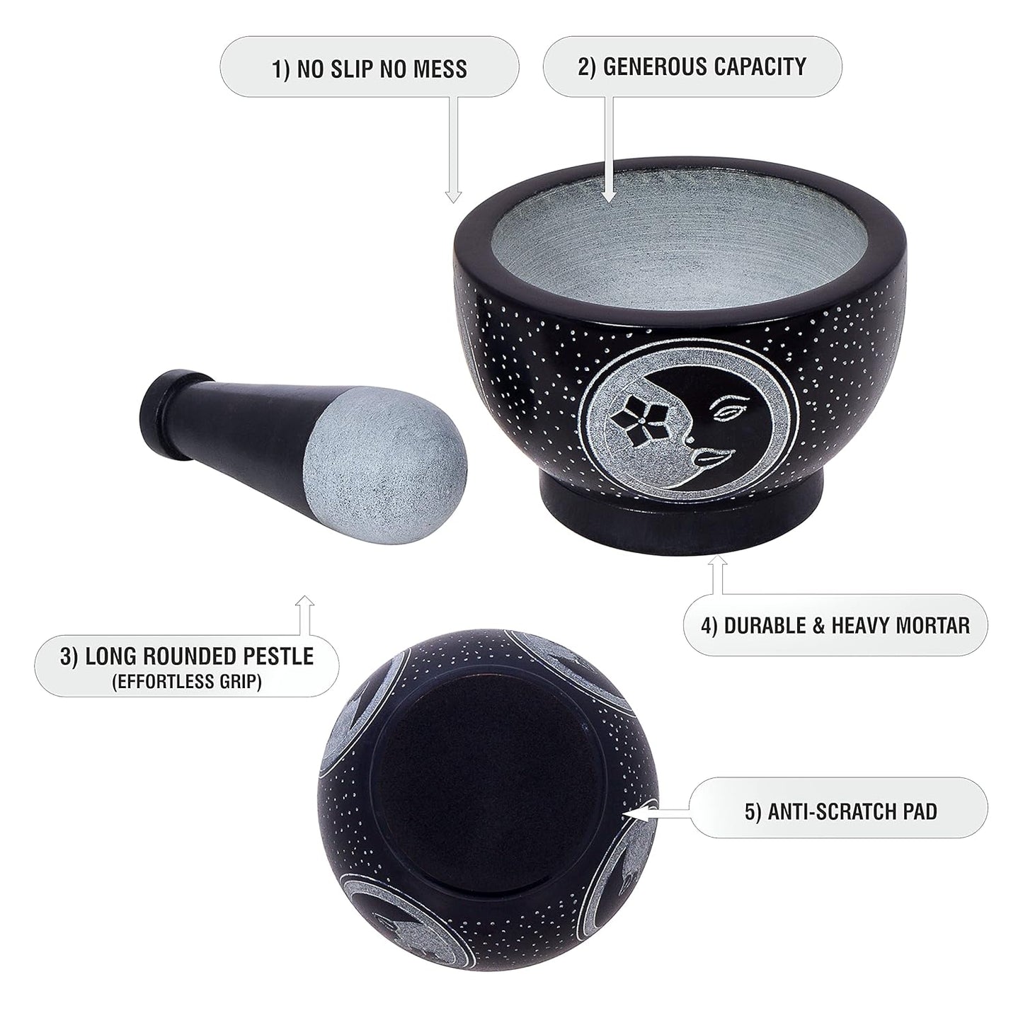 Mortar and Pestle, Made of Heavy Duty Polished Hard Stone, Natural Stone Grinder for Spices, Pastes, Herbs, Seasoning etc. (Moon Star)