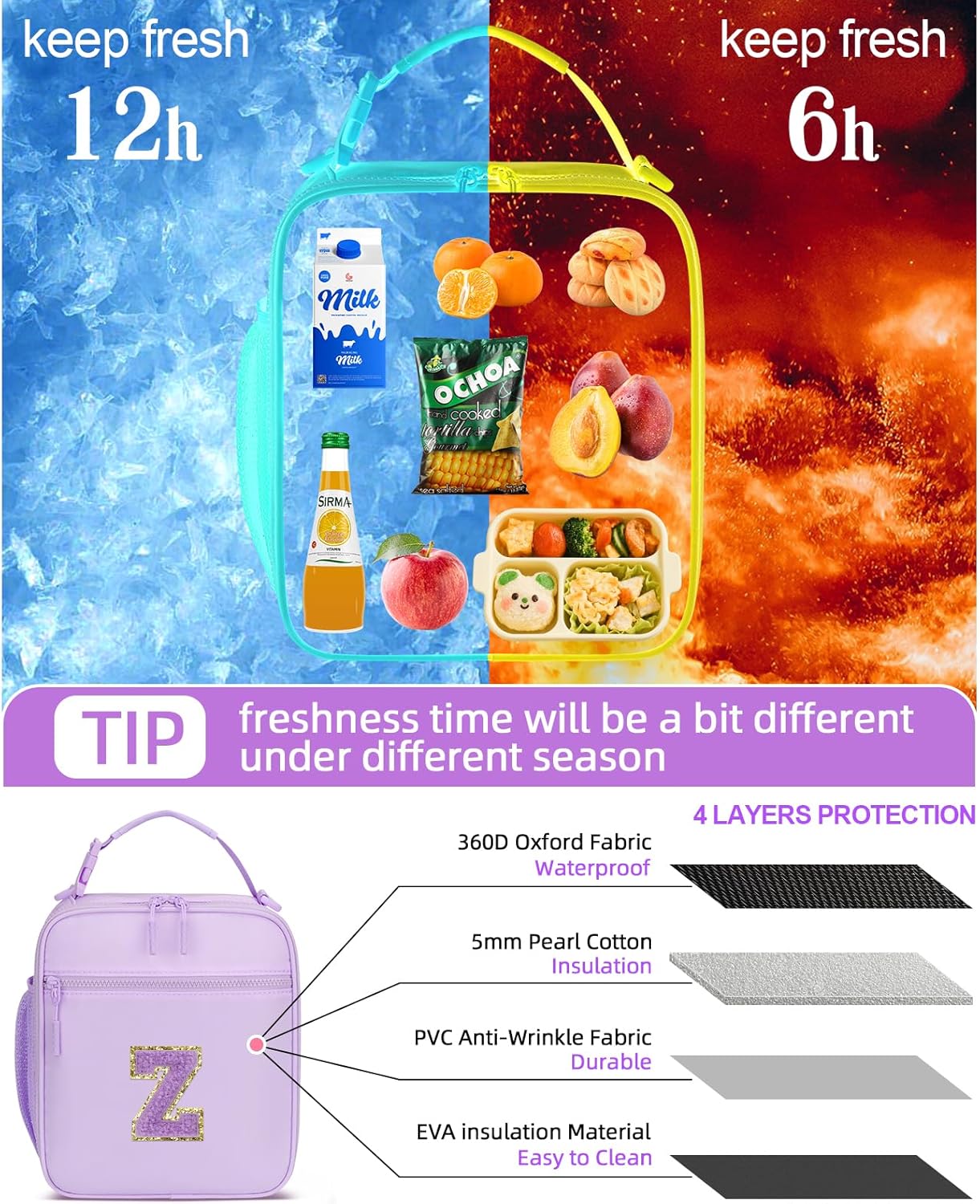 Initial Insulated Lunch Bag for Girls Kids, Back to School Gift, Reusable Leak-proof Lunch Box with Adjustable Strap for School Daycare Travel Picnic (Purple,Z)
