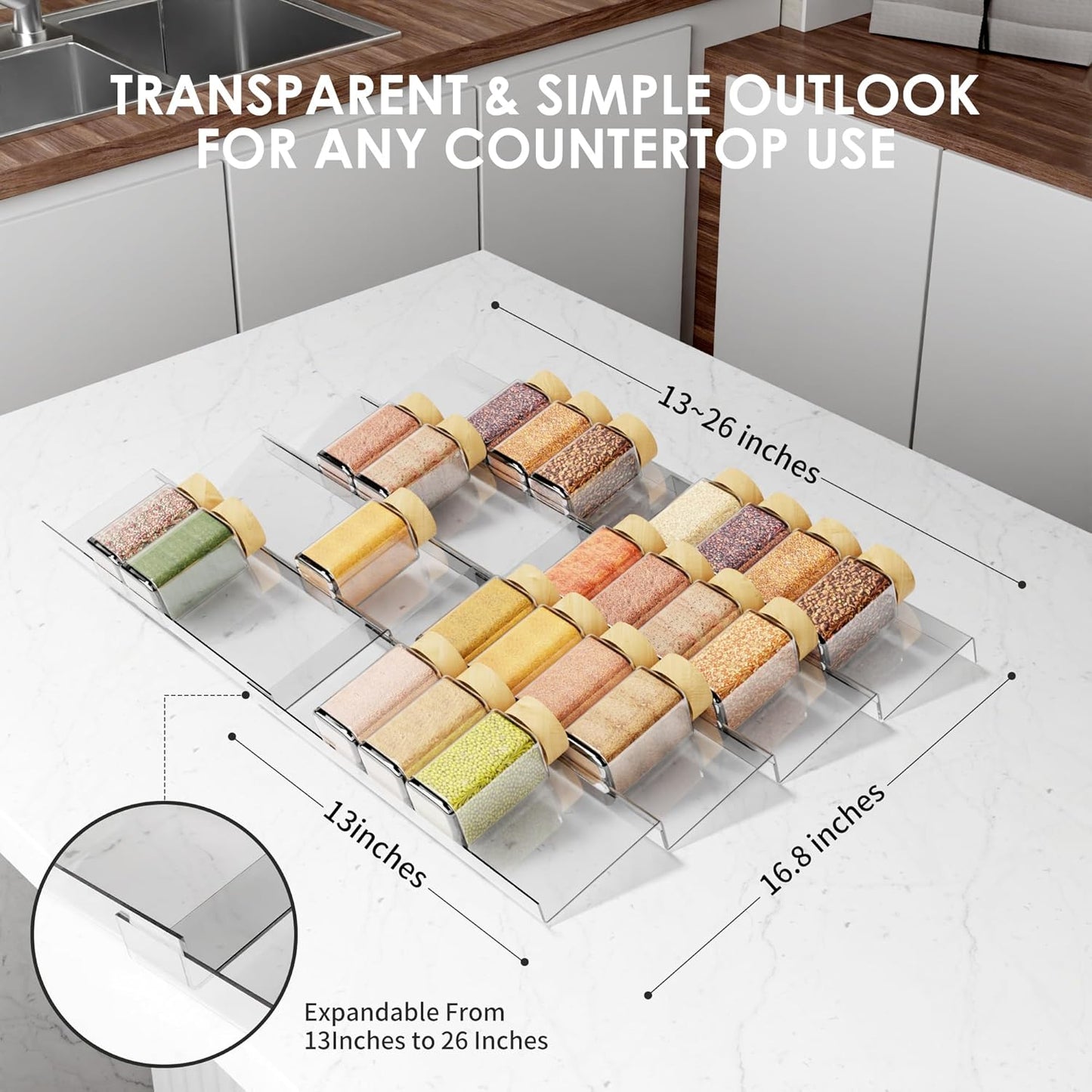 Spice Drawer Organizer, 4 Tier Clear Acrylic Expandable From 13" to 26" Seasoning Jars Drawer Insert, Kitchen Drawer Spice Rack Tray for Cabinet/Countertop