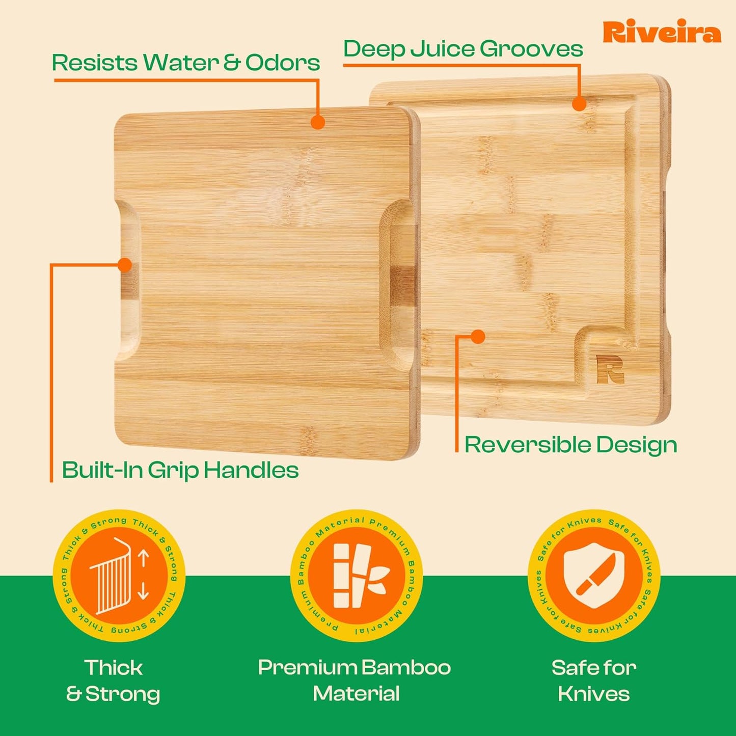 Riveira Brown Bamboo Wood Cutting Board – Gourmet Bamboo Grandeur: 8 x 8 Wooden Cutting Board – Wooden Cutting Boards For Kitchen Decorative – Innovative Juice Grooves Wooden Chopping Board