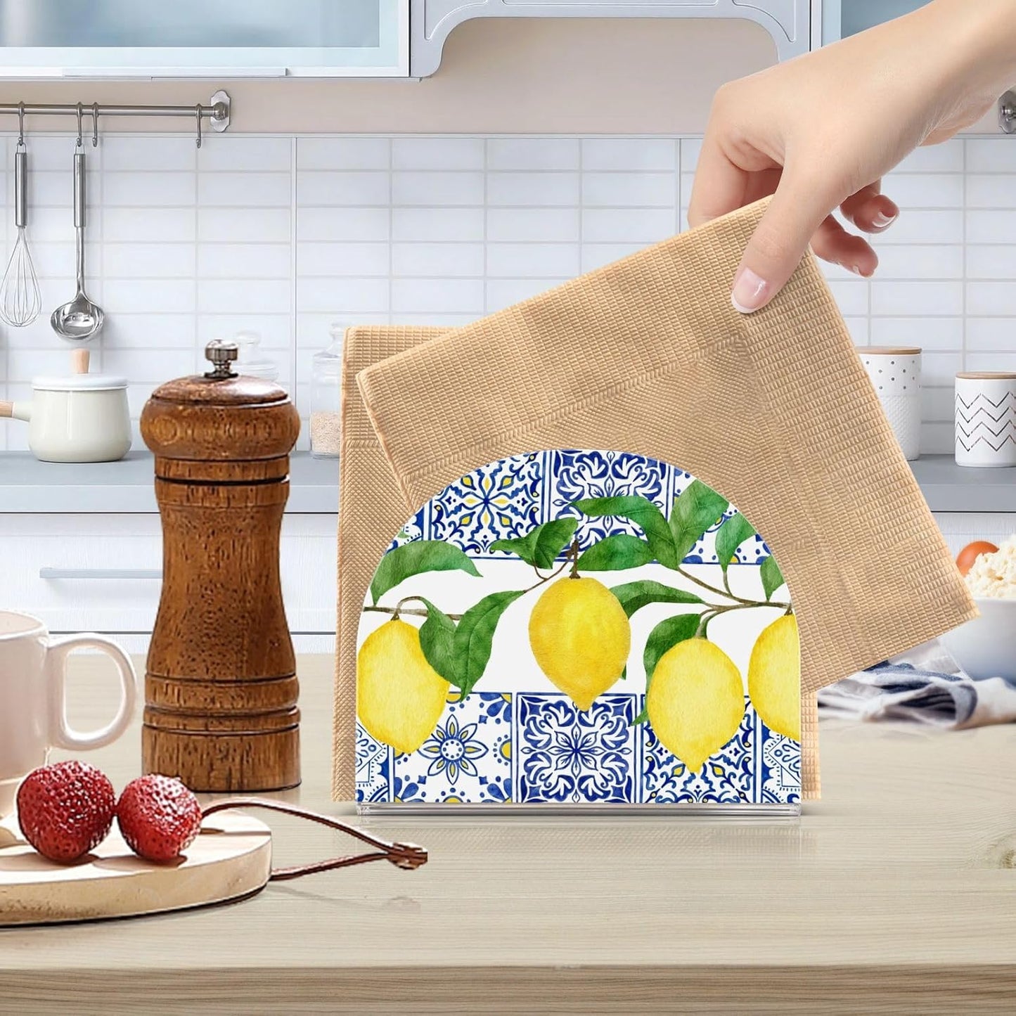 Lemon Blue Tiles Napkin Holder for Table Paper Napkins Holder Acrylic Tissue Dispenser Kitchen Dining Room Bathroom Party Car Decor