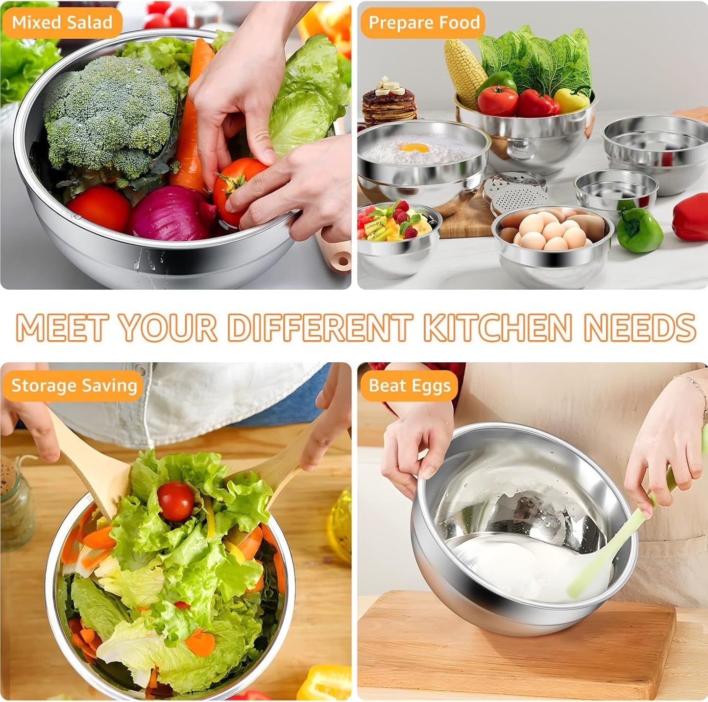 Mixing Bowls with Colorful Airtight Lids, 6 Piece Stainless Steel Metal Bowls with 3 Grater Attachments, Size 4.5, 3.5, 2.1, 1.5, 1.1, 0.7 QT